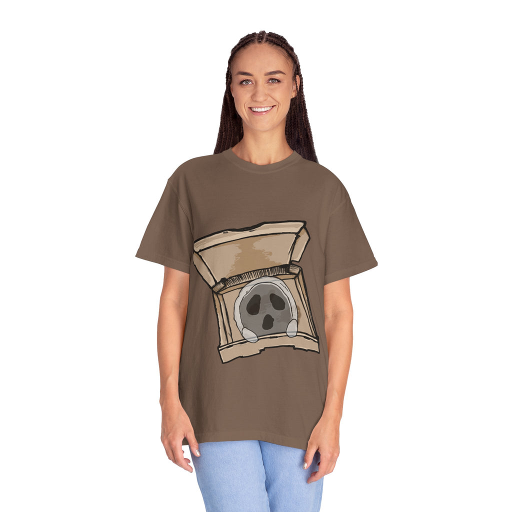 Hand-drawn ghost pizza box t-shirt showing open pizza box with a spooky ghost inside from PizzaBytes collection

