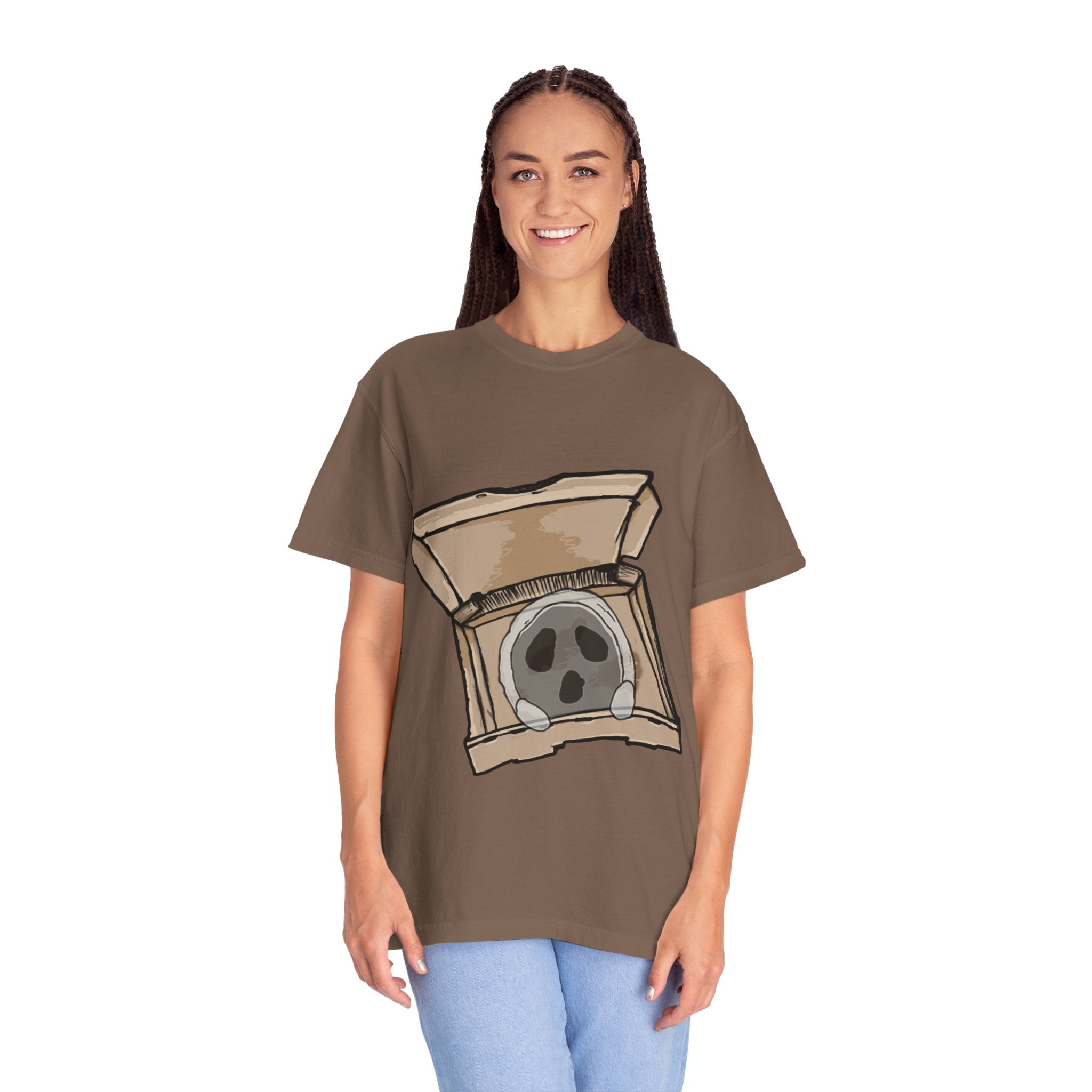 Hand-drawn ghost pizza box t-shirt showing open pizza box with a spooky ghost inside from PizzaBytes collection

