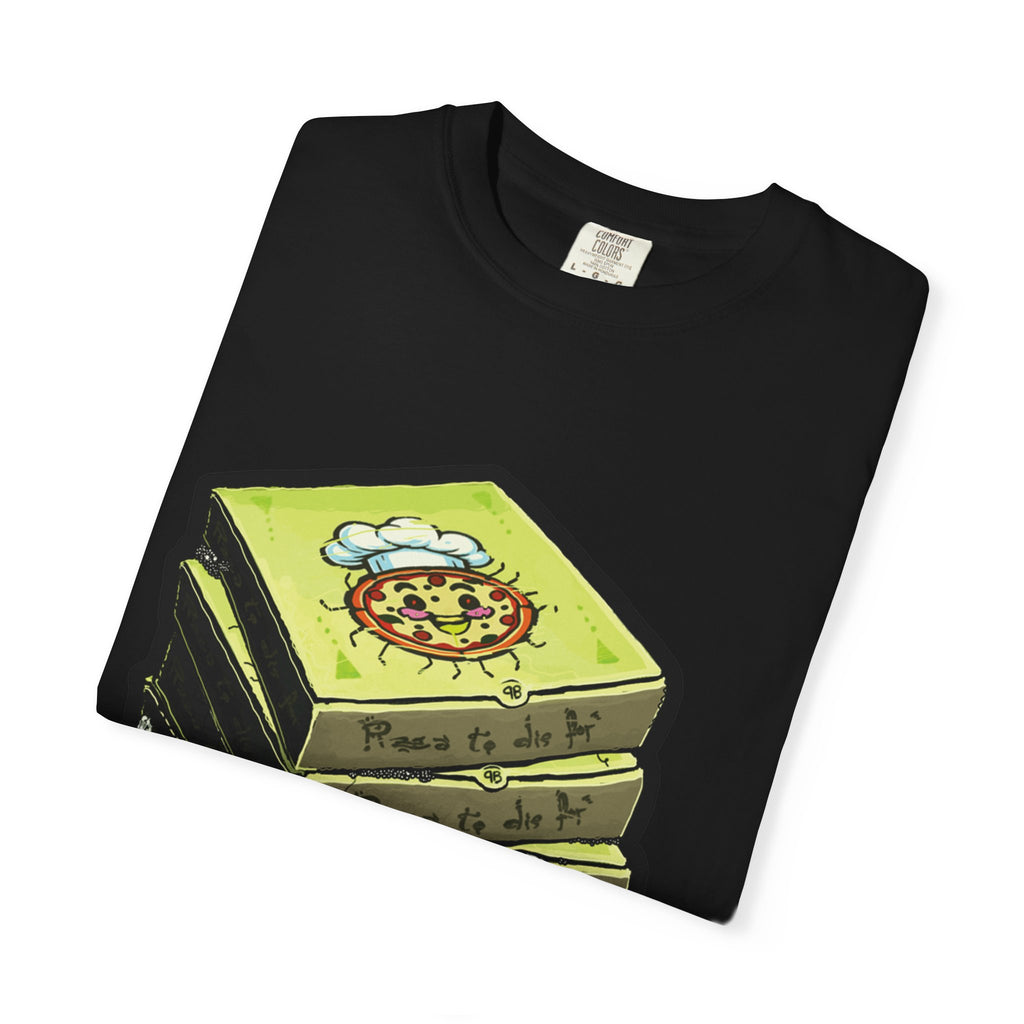 Hand-drawn toxic pizza stack t-shirt with glowing green pizza character and slimy tentacle on tee from PizzaBytes collection
