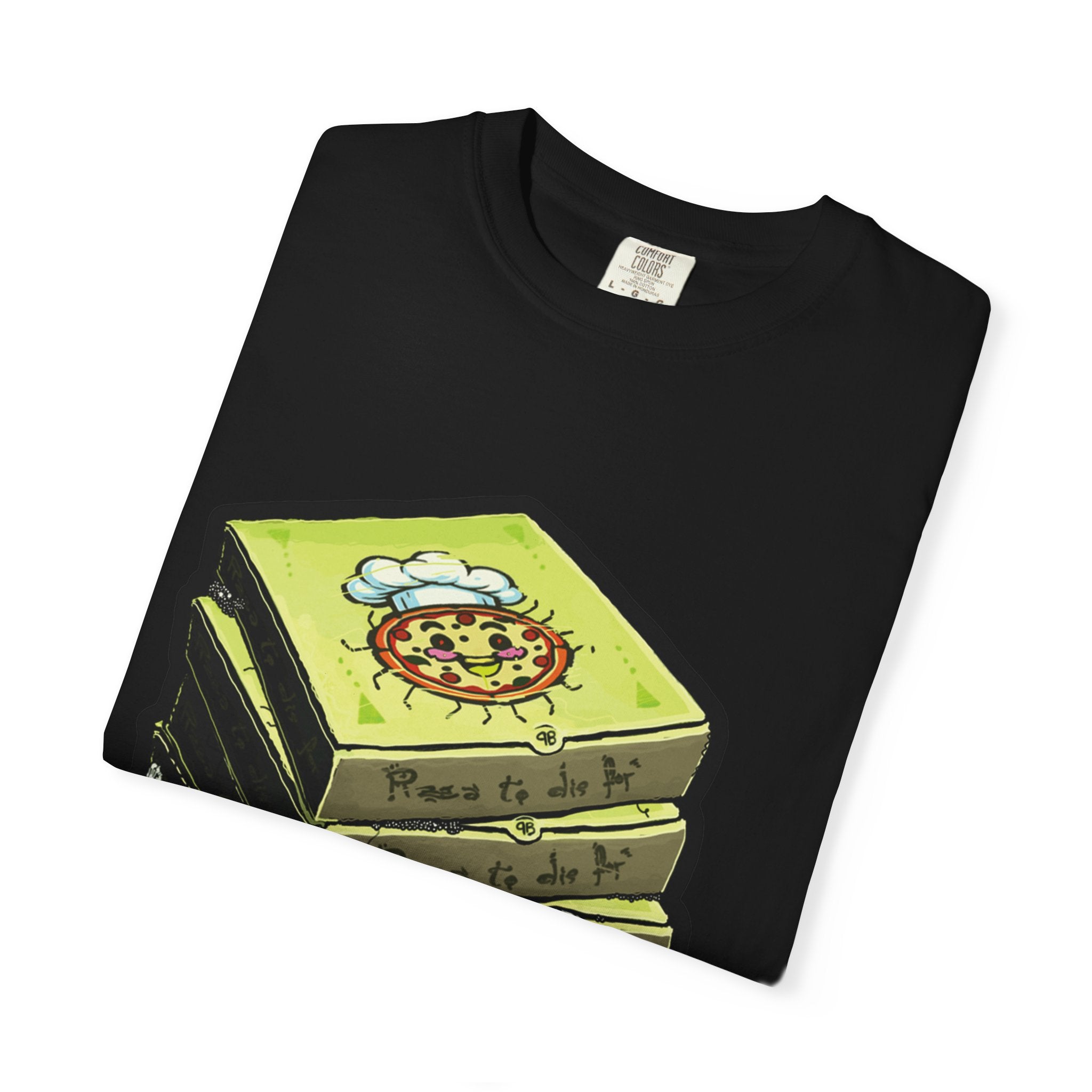 Hand-drawn toxic pizza stack t-shirt with glowing green pizza character and slimy tentacle on tee from PizzaBytes collection