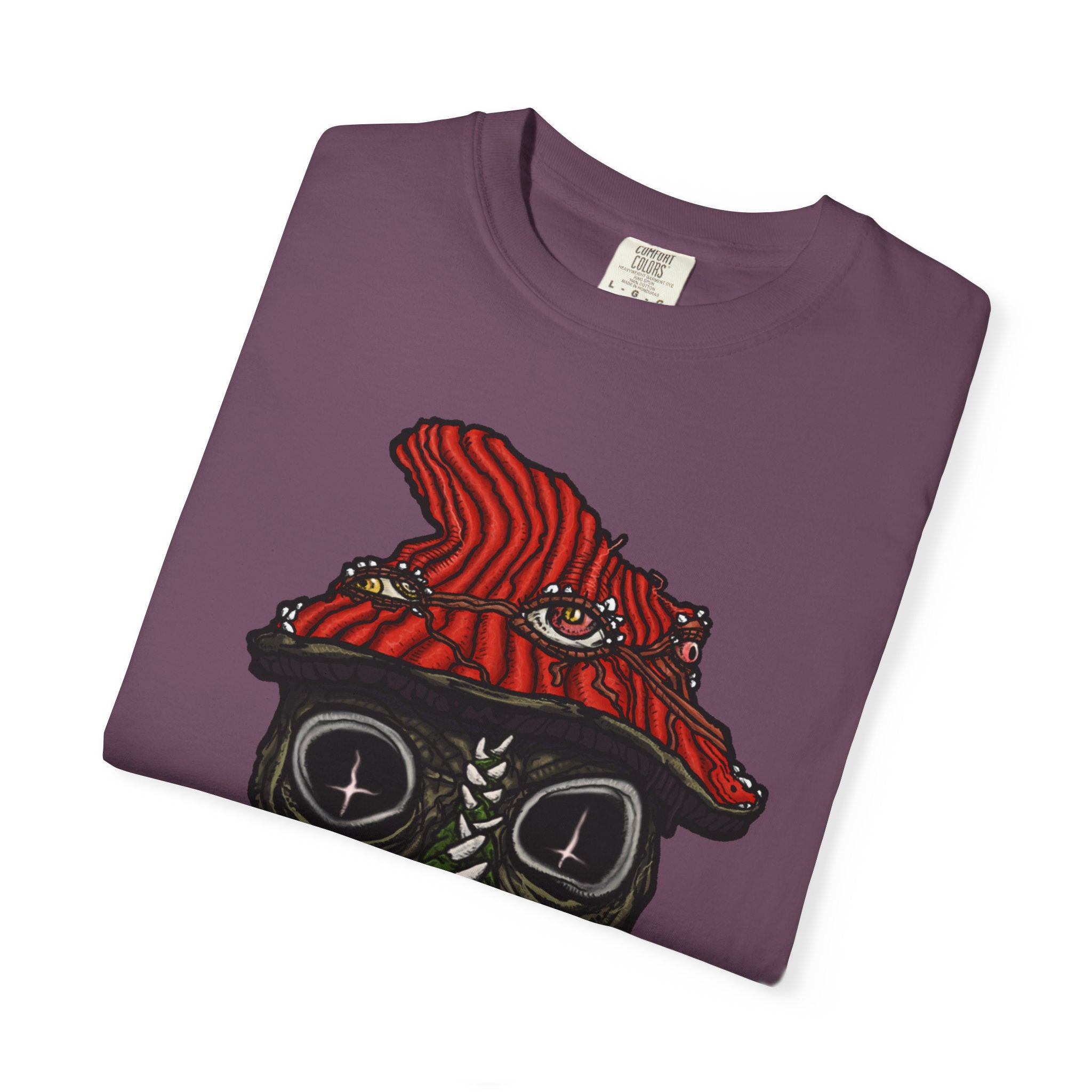 Freaky Features Mushroom Boy t-shirt, front shows grotesque mushroom skull with red cap and multiple eyes, back shows open pizza box with rainbow sprinkle donut
