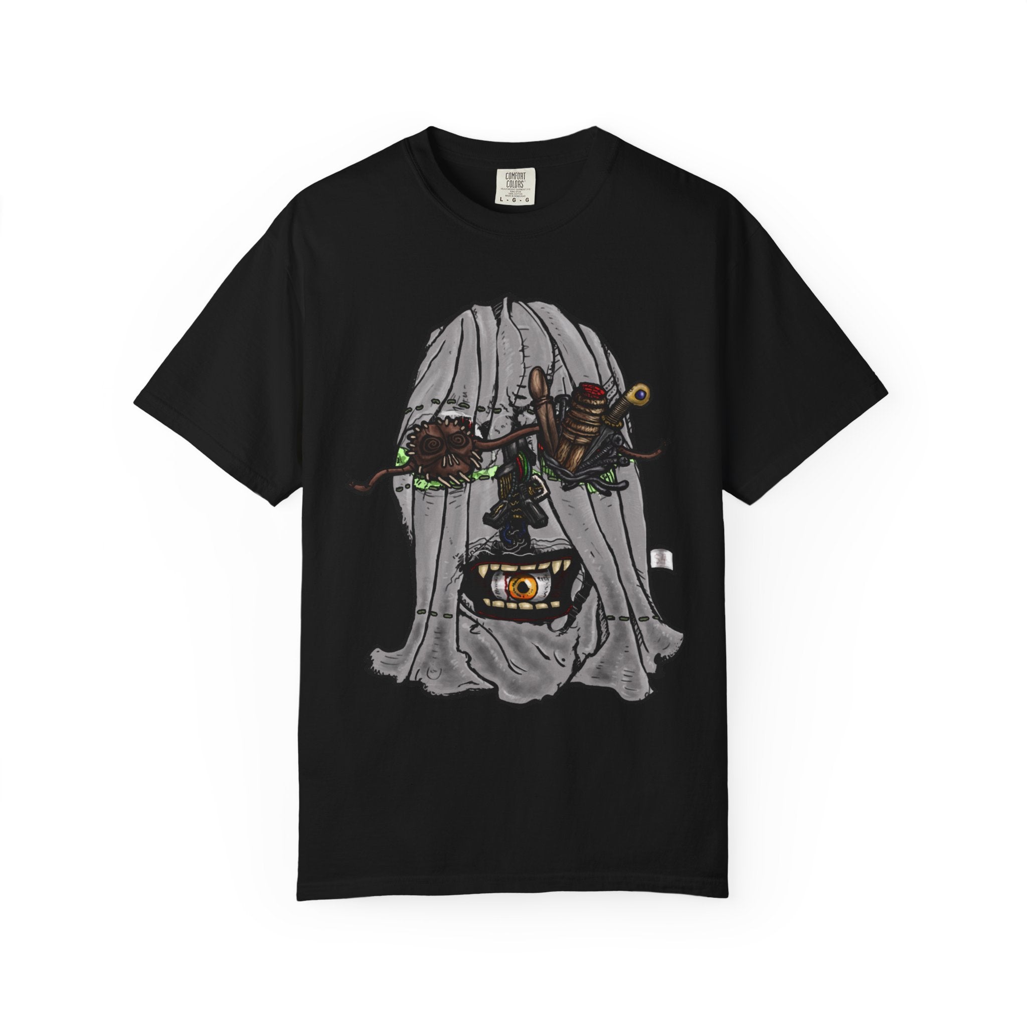 Freaky Features Ghost t-shirt, front shows creepy ghost hood with weapons and screaming eye mouth, back shows open pizza box with floating ghost face
