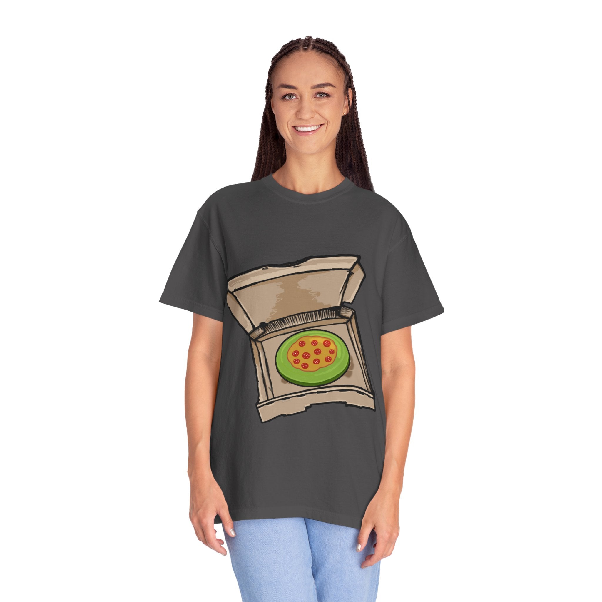 Hand-drawn frisbee pizza box t-shirt showing open pizza box with green frisbee pepperoni pizza from PizzaBytes collection

