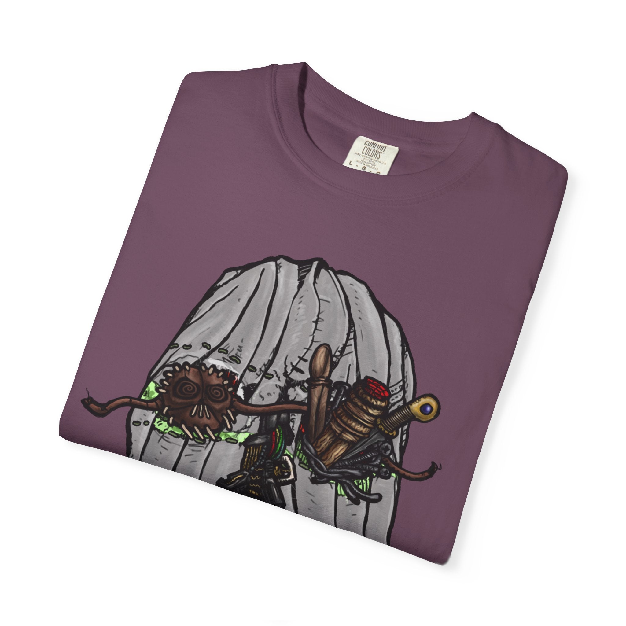 Freaky Features Ghost t-shirt, front shows creepy ghost hood with weapons and screaming eye mouth, back shows open pizza box with floating ghost face
