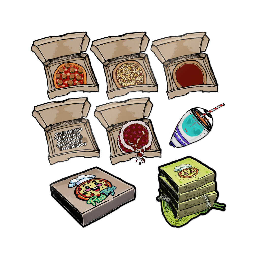 Transparent die-cut sticker set showing 9 open pizza boxes with weird designs: burger pizza, noodle pizza, melting cake, toxic green stack, gift pizza and more from PizzaBytes Set #4

