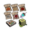 Transparent die-cut sticker set showing 9 open pizza boxes with weird designs: burger pizza, noodle pizza, melting cake, toxic green stack, gift pizza and more from PizzaBytes Set #4

