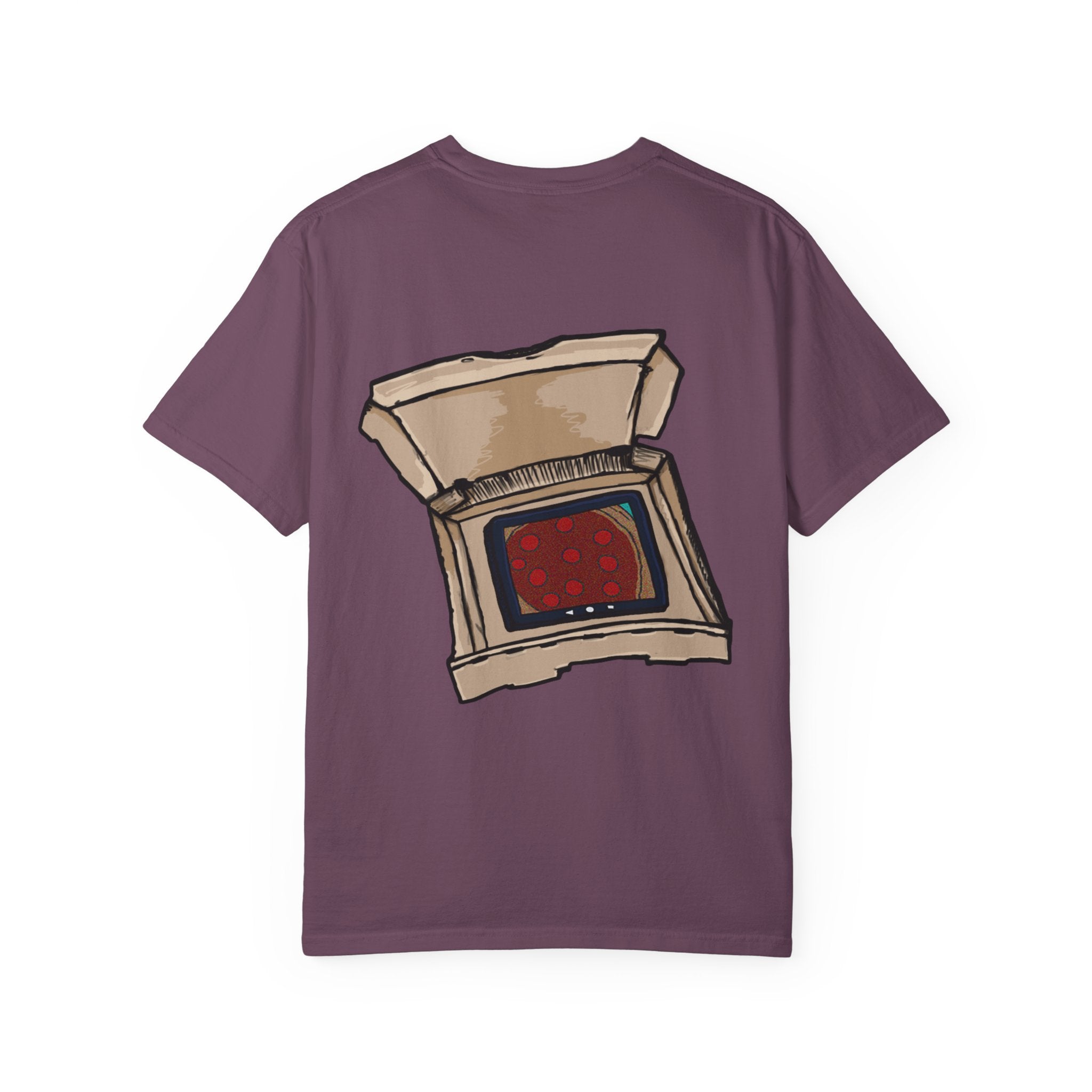 Freaky Features Alien t-shirt, front shows chaotic purple alien tentacles and insect swarm, back shows open pizza box designed as retro TV with pepperoni pizza inside

