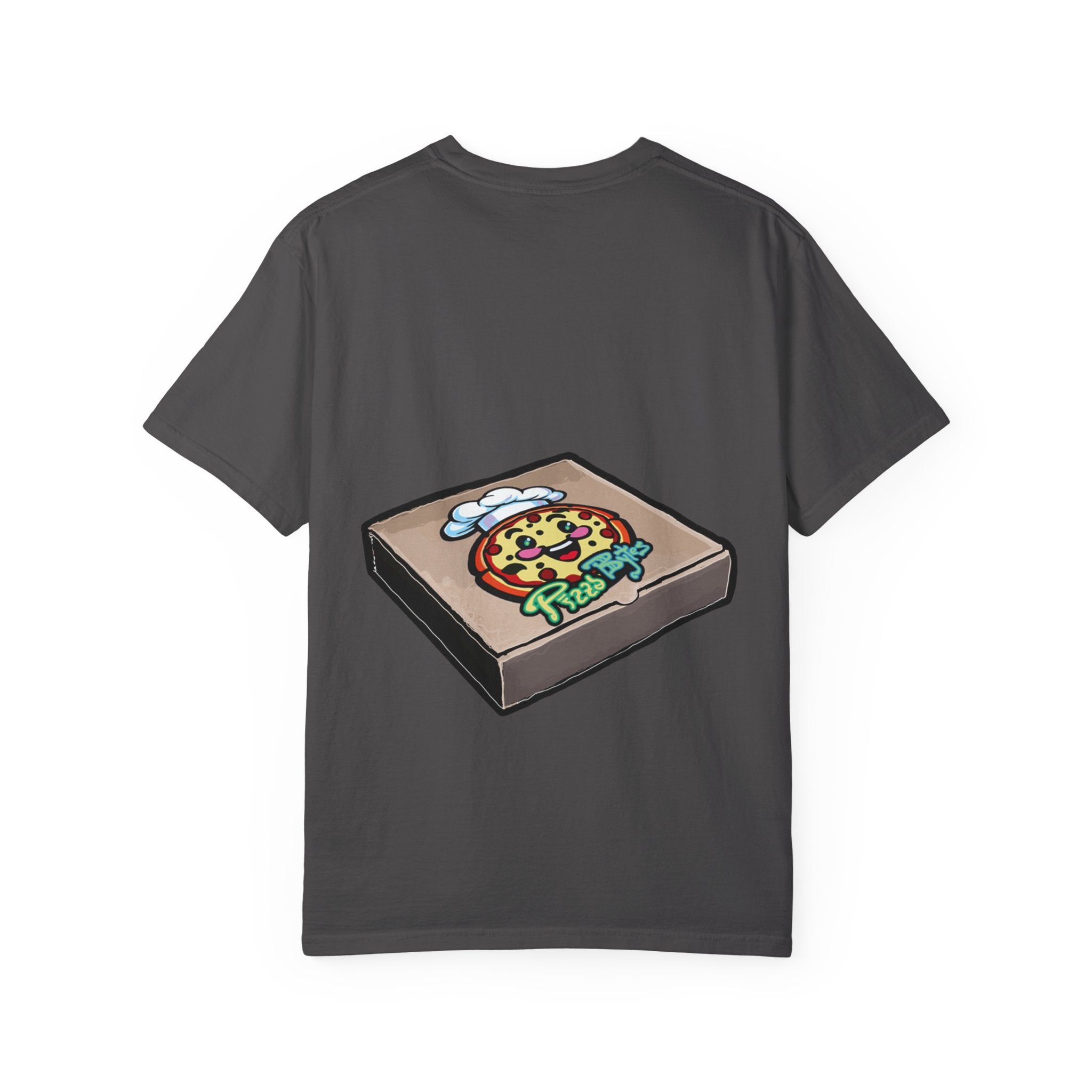 Hand-drawn donut pizza box t-shirt showing open pizza box with chocolate glazed donut from PizzaBytes collection

