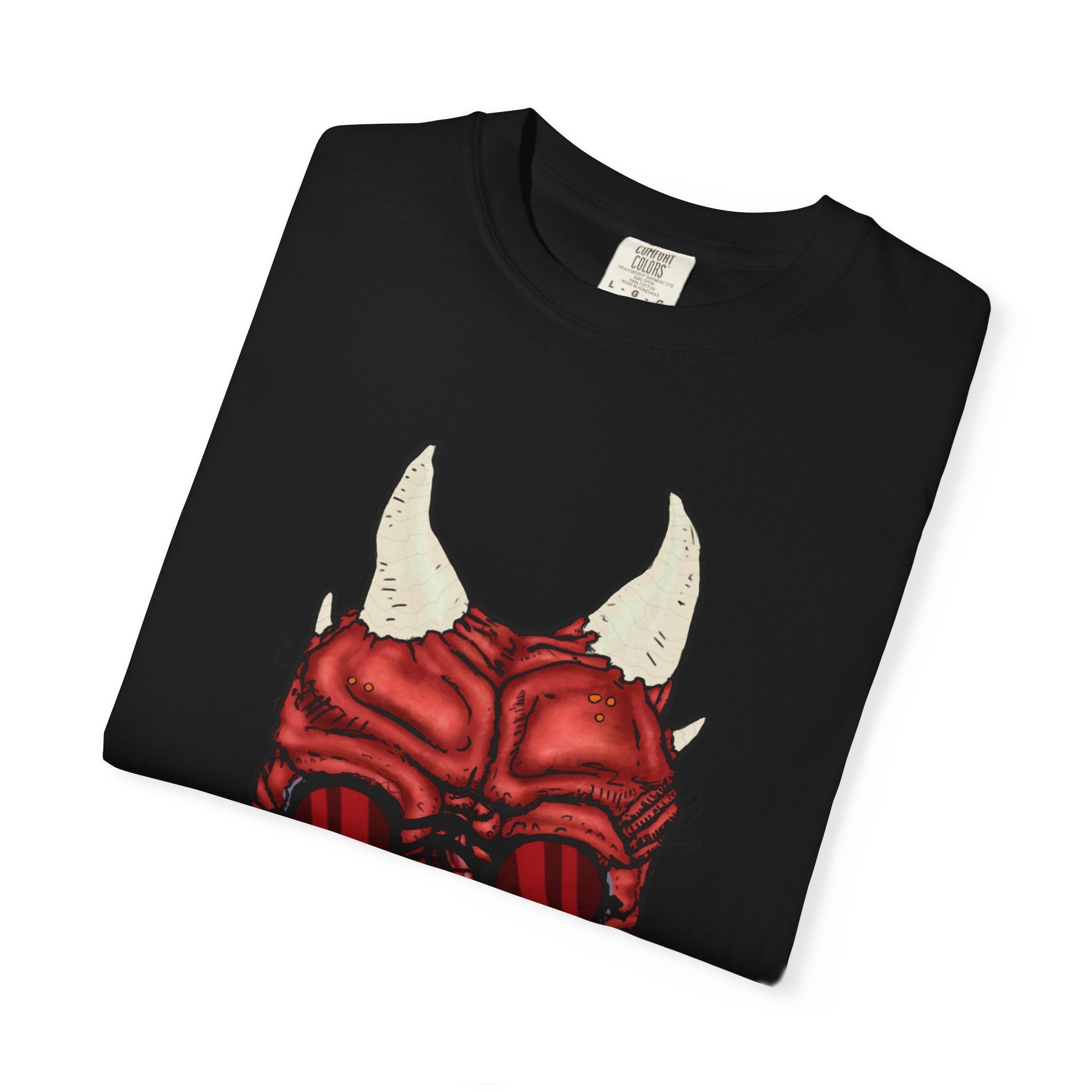 Freaky Features Demon t-shirt, front shows red demon head with horns and glowing eyes, back shows open pizza box being raided by little red devils
