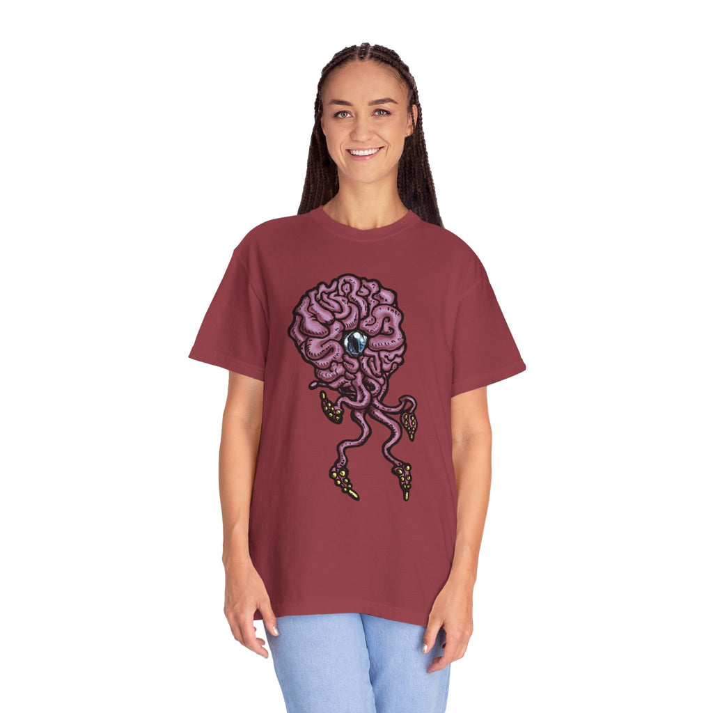 Freaky Features Brian t-shirt, front shows purple brain monster with tentacles, back shows open purple pizza box with a donut inside