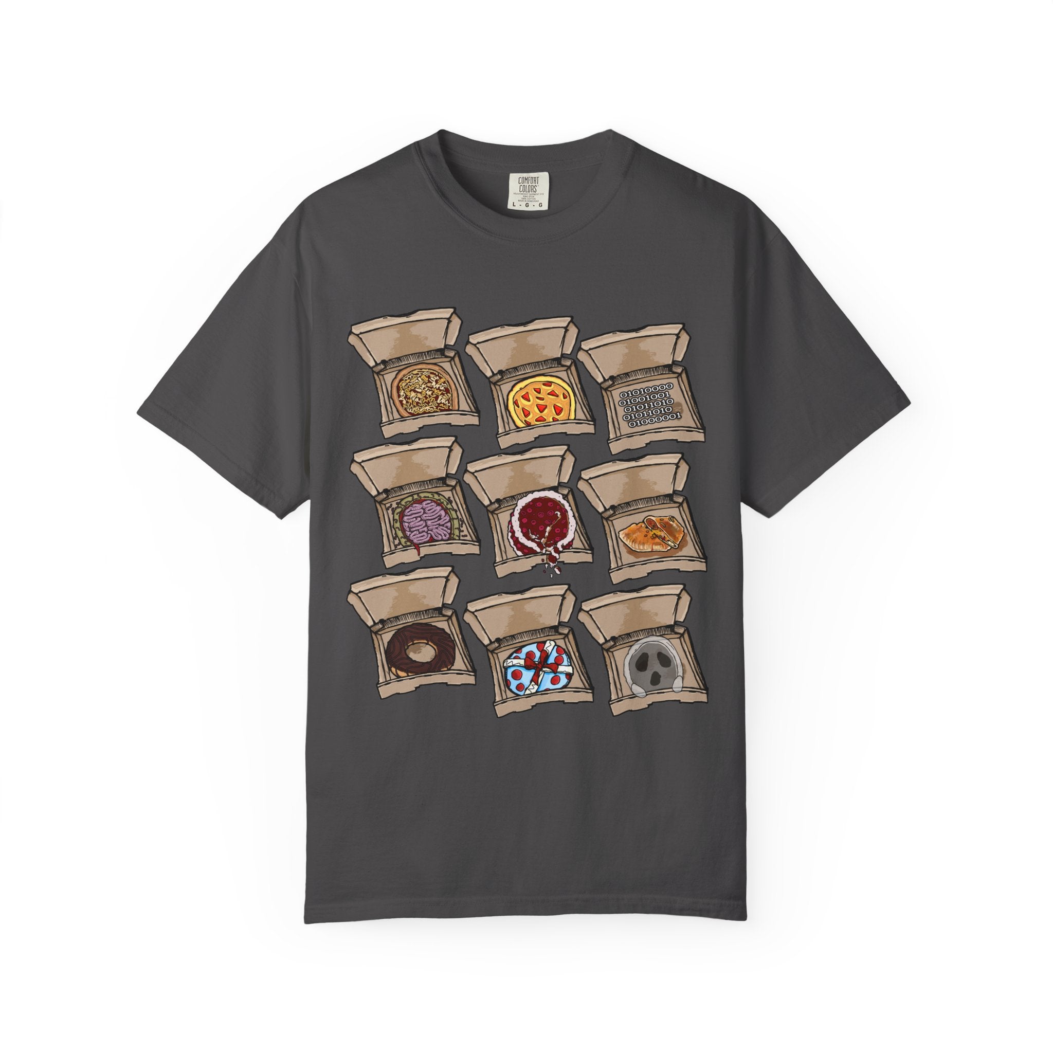 Hand-drawn PizzaBytes Set #1 t-shirt showing a 3x3 grid of open pizza boxes with brain pizza, ghost pizza, donut, binary code and more weird designs from PizzaBytes collection

