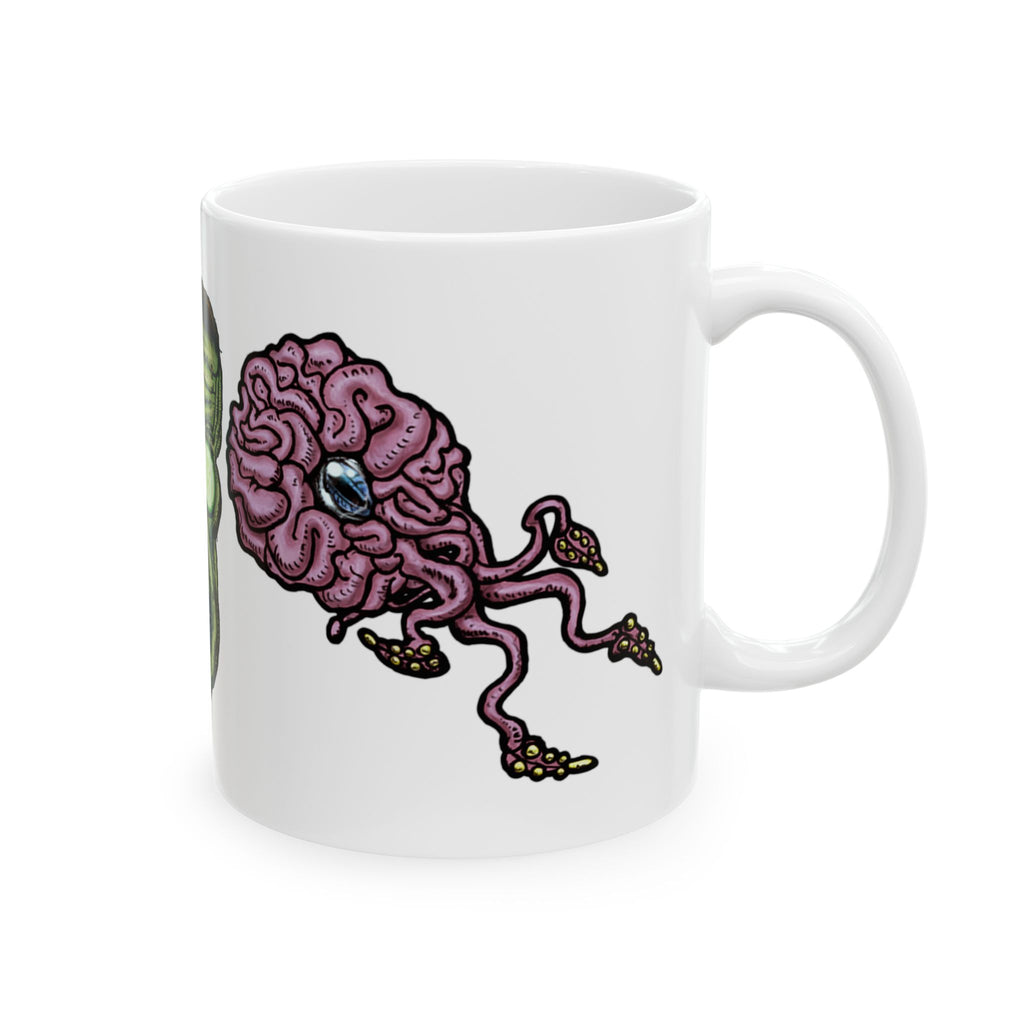 Freaky Features Frankie & the Brians mug showing three monster designs: Franky ( Frankenstein ), purple sad brain with tentacles, and floating brain with glassy eye
