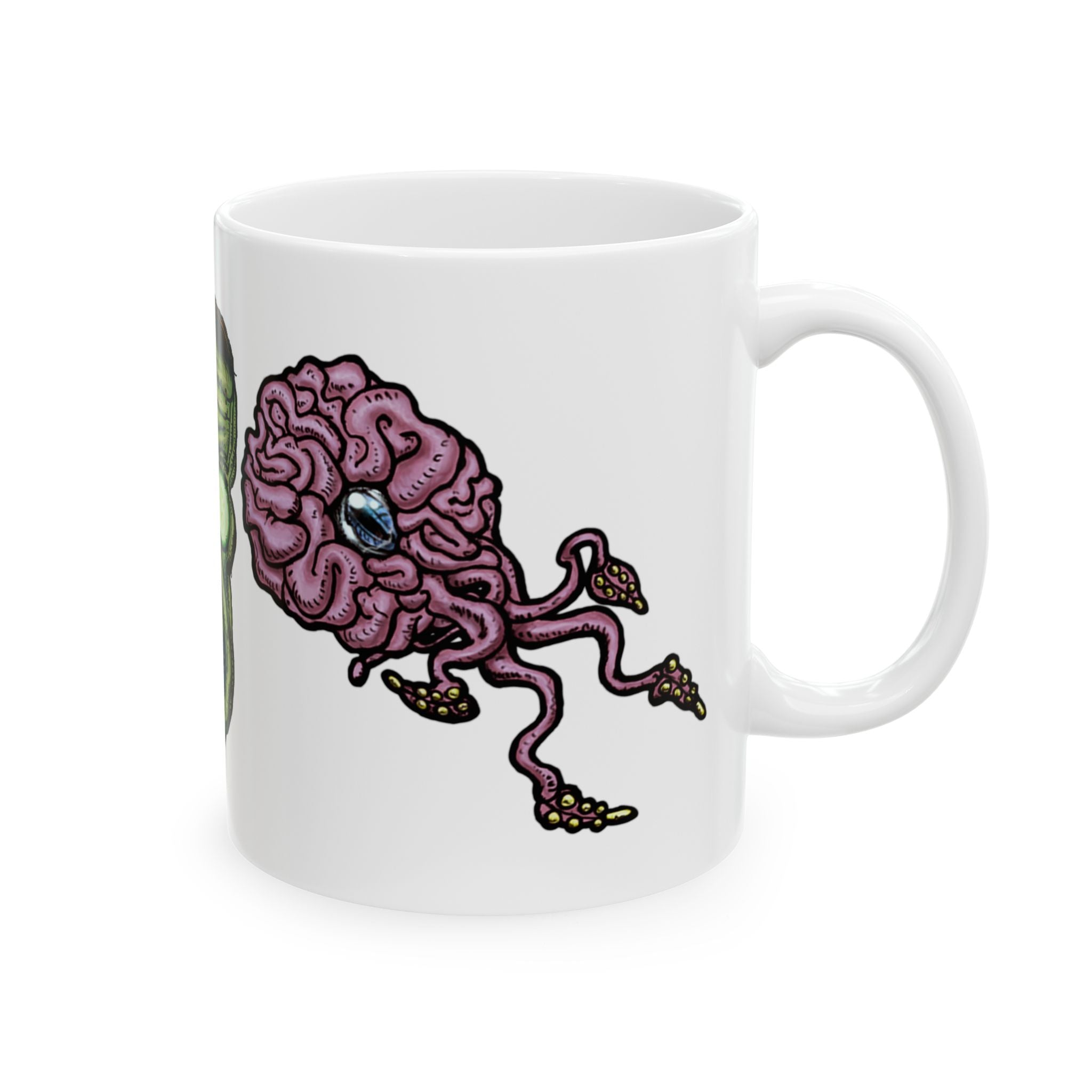 Freaky Features Frankie & the Brians mug showing three monster designs: Franky ( Frankenstein ), purple sad brain with tentacles, and floating brain with glassy eye
