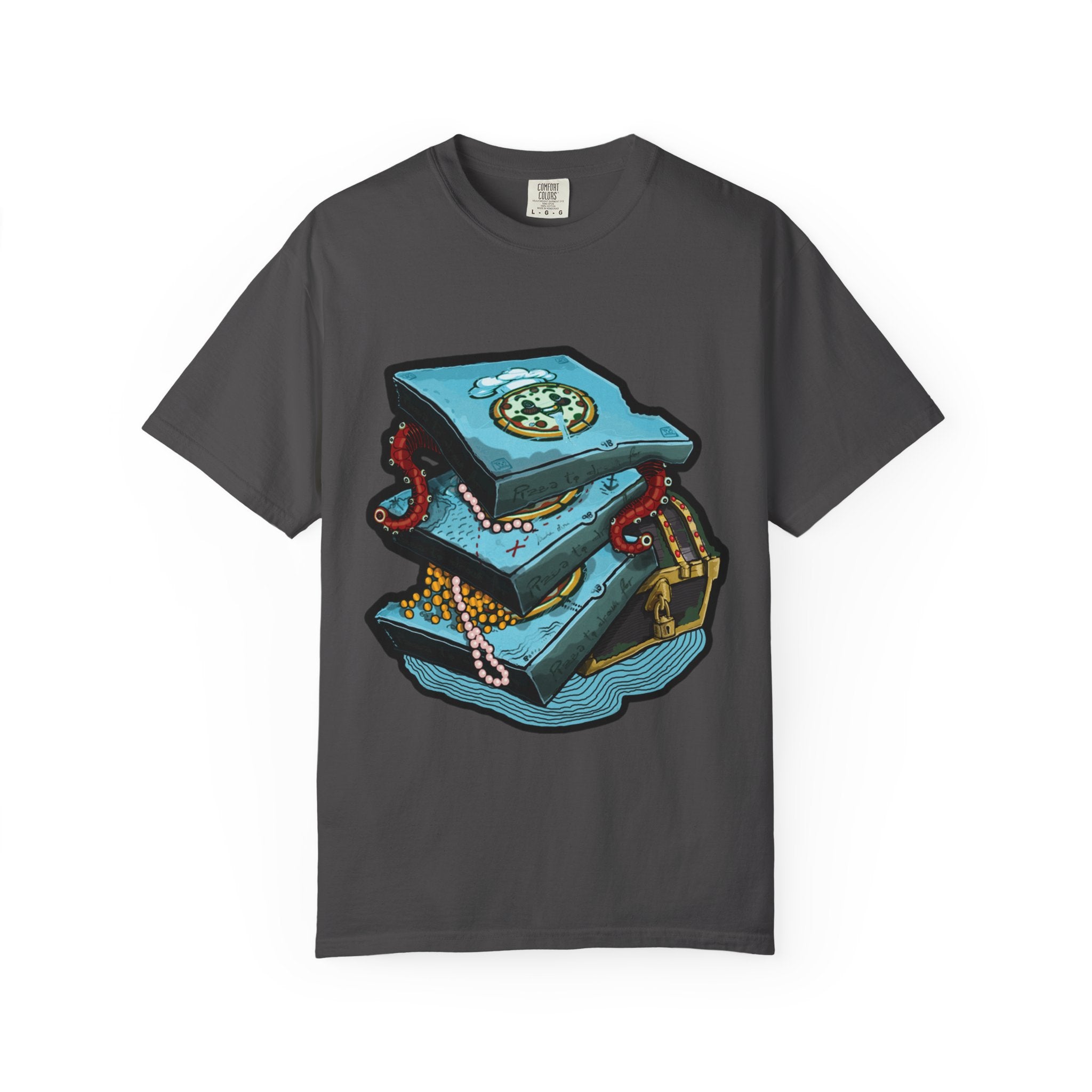Hand-drawn pizza treasure chest t-shirt with stacked pizza boxes, gold coins, pearls, red octopus tentacles and pirate chest on Comfort Colors tee from PizzaBytes collection
