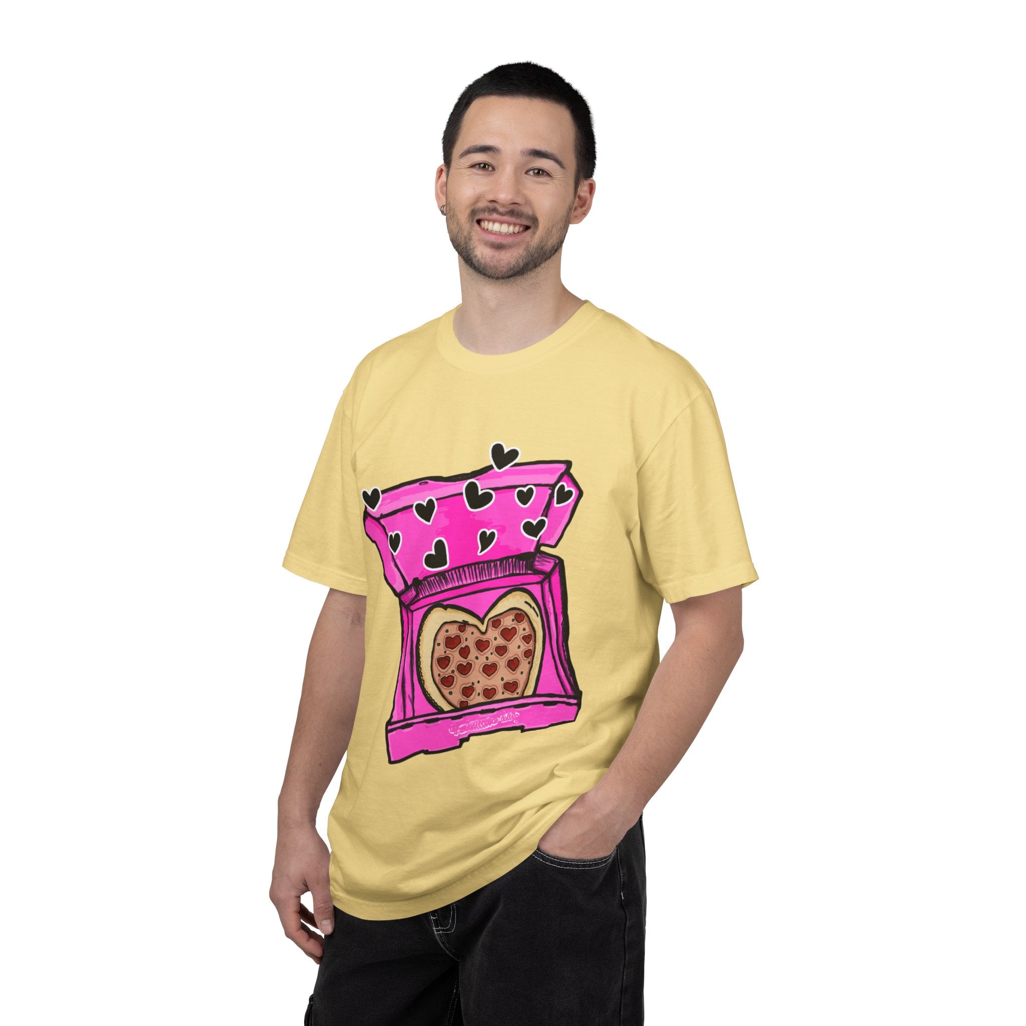 Hand-drawn heart pizza box t-shirt with pink pizza box, heart-shaped pepperoni pizza and floating black hearts on Comfort Color tee from PizzaBytes collection
