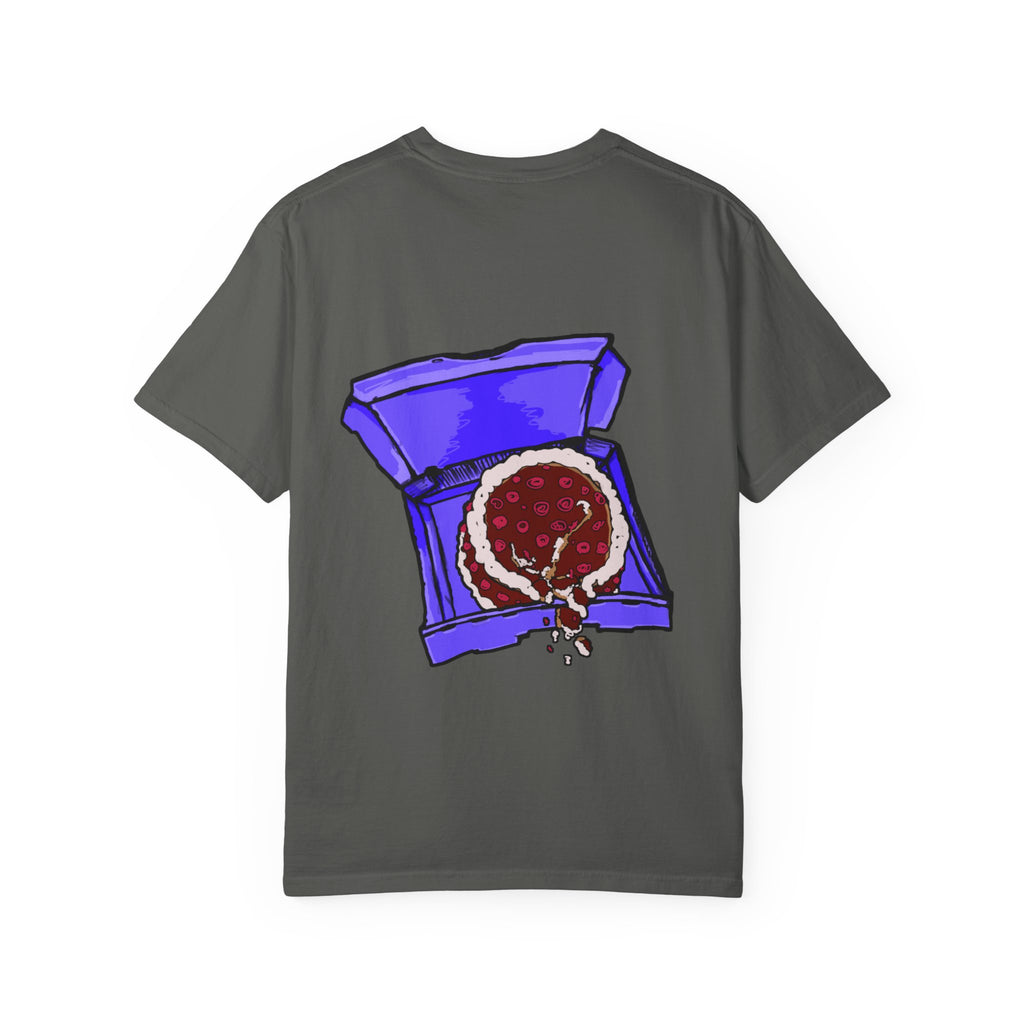 Freaky Features Sad Brian t-shirt, front shows a sad dripping brain monster with tentacles, back shows an open pizza box with half-eaten cake dripping
