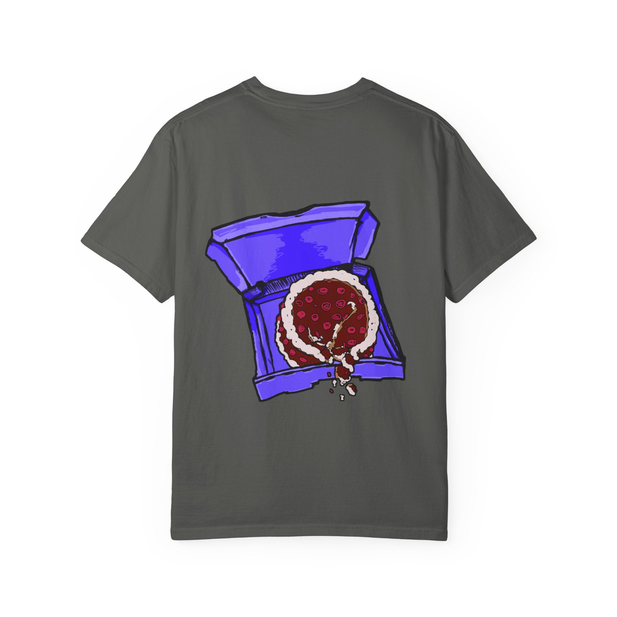 Freaky Features Sad Brian t-shirt, front shows a sad dripping brain monster with tentacles, back shows an open pizza box with half-eaten cake dripping

