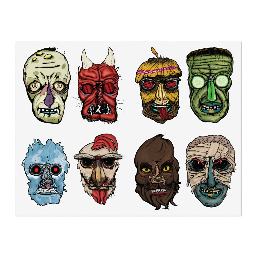 Freaky Features Sticker Sheet Set #1 , transparent die-cut sheet with 8 hand-drawn monster heads from the Freaky Features collection

