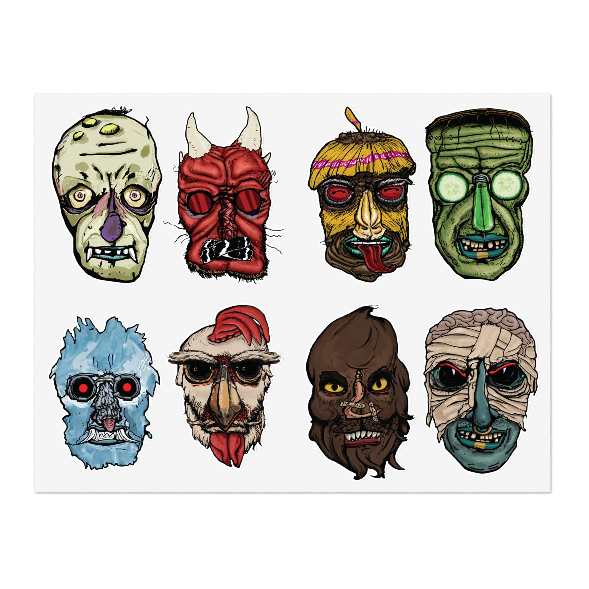 Freaky Features Sticker Sheet Set #1 , transparent die-cut sheet with 8 hand-drawn monster heads from the Freaky Features collection

