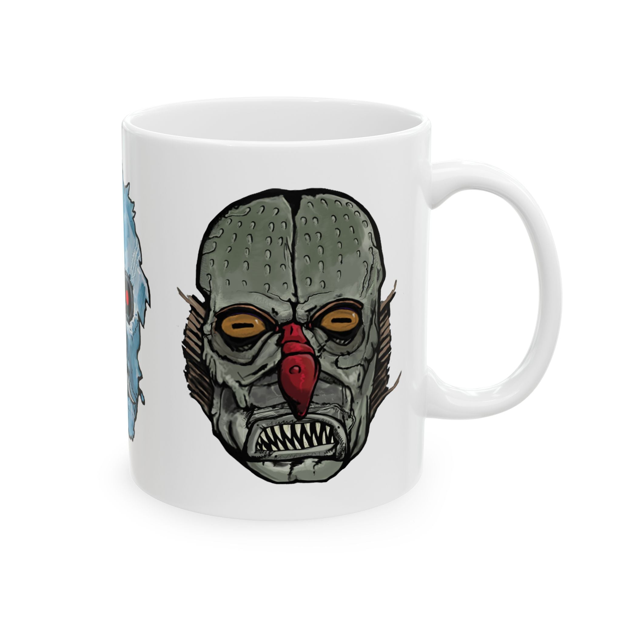 Freaky Features Iceman Devil Fishman mug showing three monster designs: blue icy skull with red goggles, red horned demon, and grotesque fishman head on white ceramic mug

