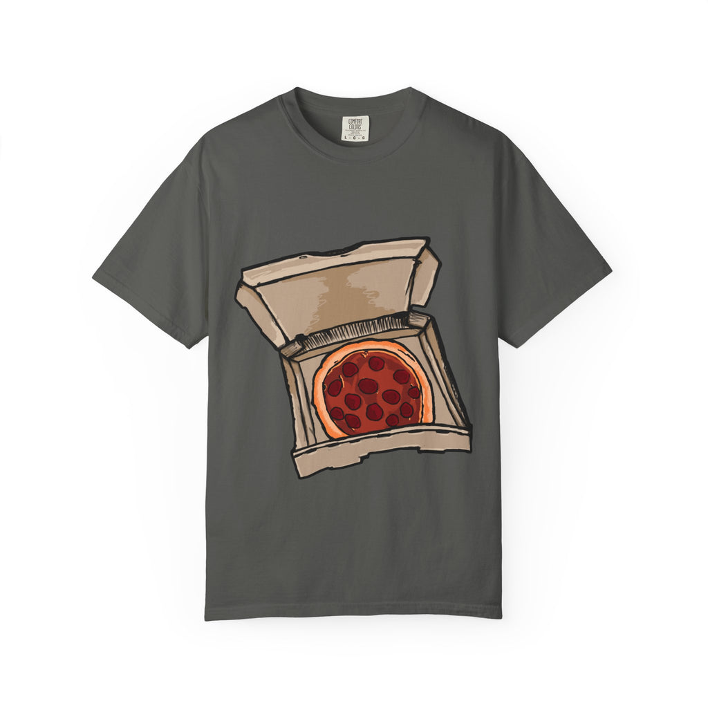 Hand-drawn classic pepperoni pizza box t-shirt showing open pizza box with pepperoni pizza from PizzaBytes collection

