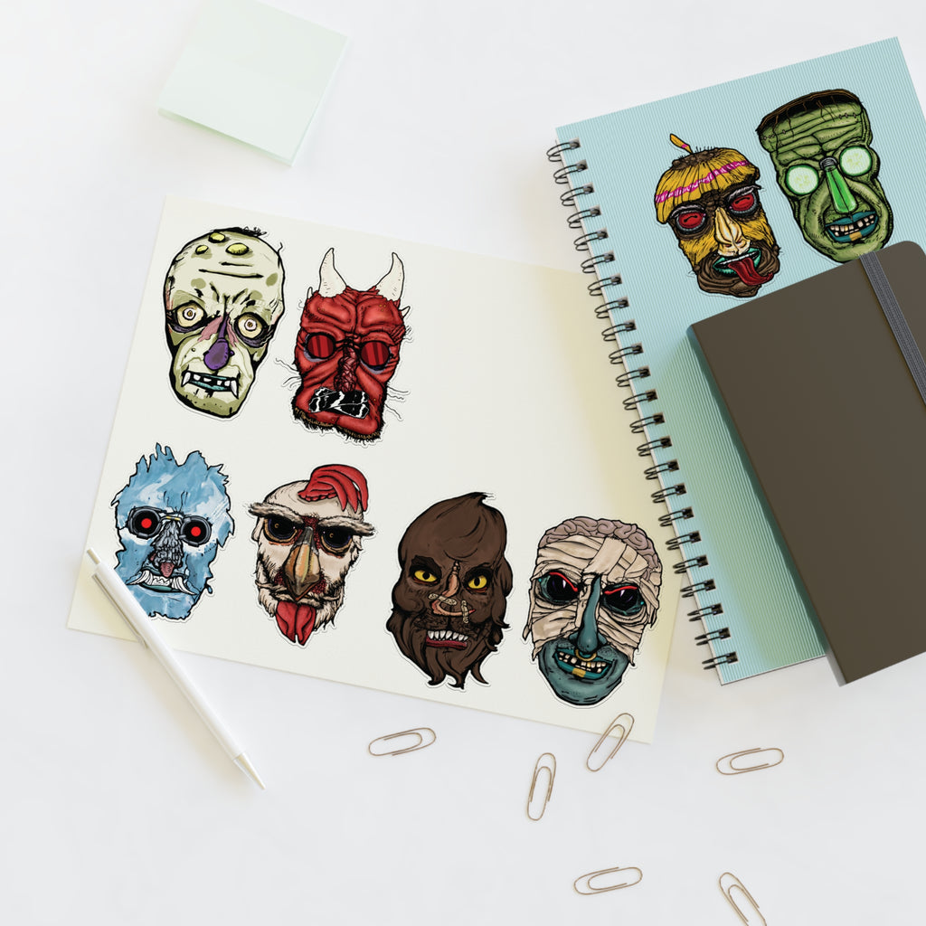 Freaky Features Sticker Sheet Set #1 , transparent die-cut sheet with 8 hand-drawn monster heads from the Freaky Features collection