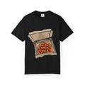 Hand-drawn burger pizza box t-shirt showing open pizza box with pepperoni pizza topped with mini cheeseburgers on Comfort tee from PizzaBytes collection