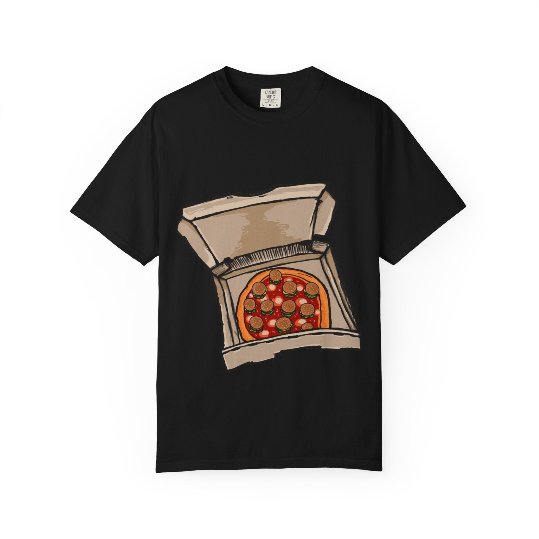 Hand-drawn burger pizza box t-shirt showing open pizza box with pepperoni pizza topped with mini cheeseburgers on Comfort tee from PizzaBytes collection