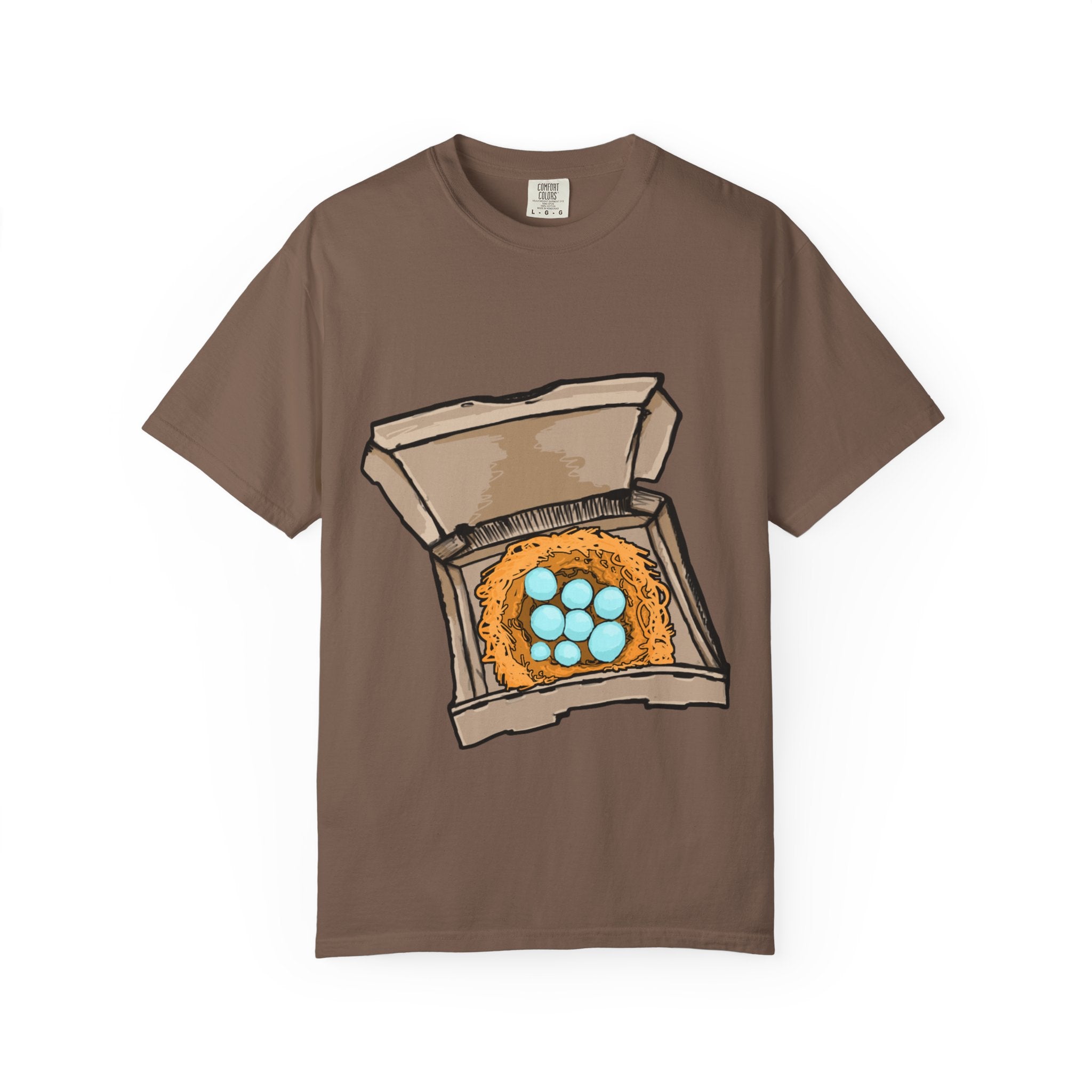 Hand-drawn bird nest pizza box t-shirt showing open pizza box with a straw nest and blue eggs from PizzaBytes collection

