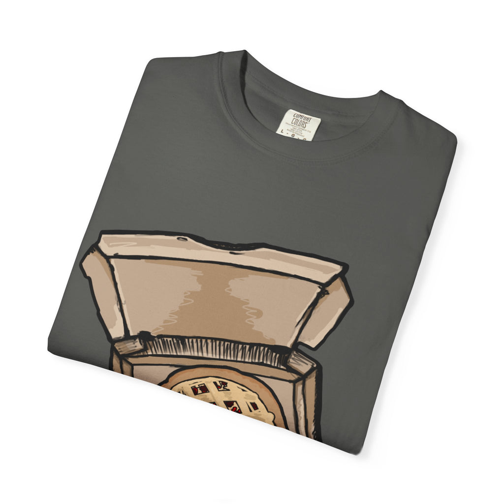 Hand-drawn cherry pie pizza box t-shirt showing open pizza box with lattice-top cherry pie from PizzaBytes collection

