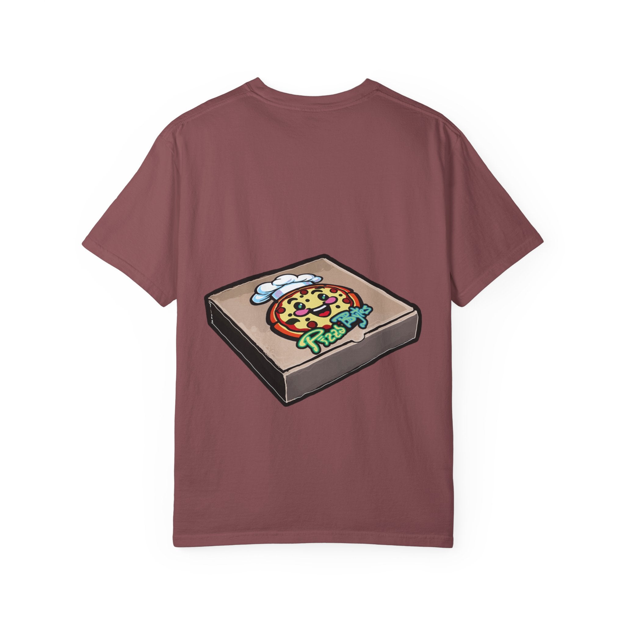 Hand-drawn donut pizza box t-shirt showing open pizza box with white-iced donut and orange drizzle from PizzaBytes collection

