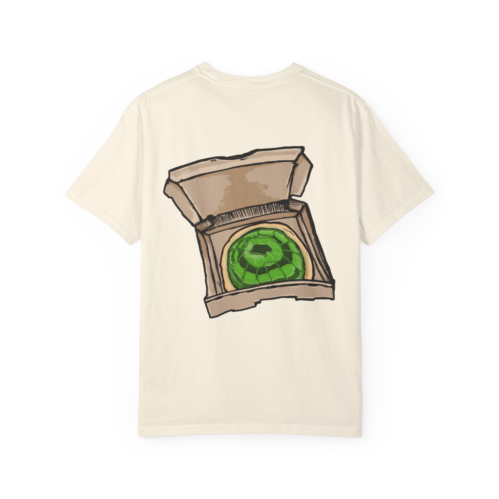 Freaky Features Radioactive Blob t-shirt, front shows neon green radioactive blob monster with cracked skull and glowing eyes, back shows open pizza box with glowing green jelly
