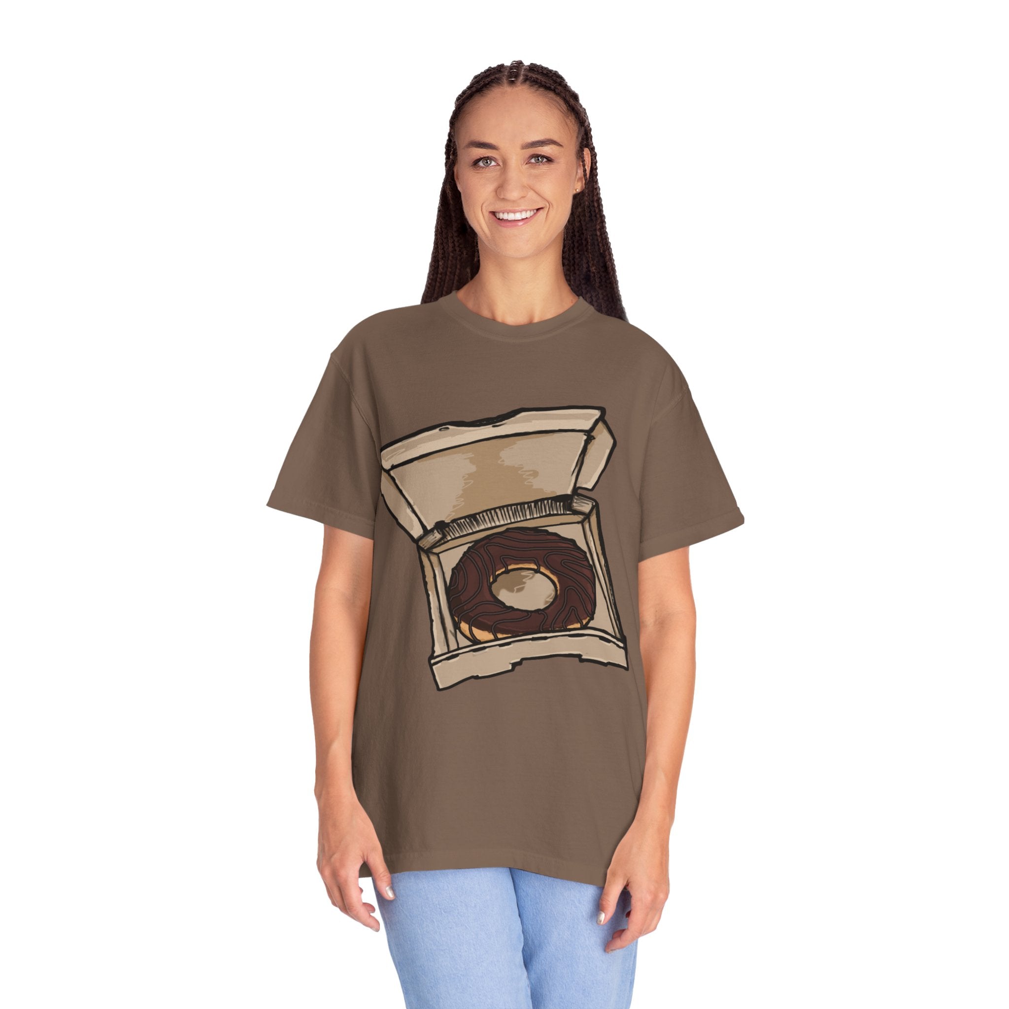 Hand-drawn donut pizza box t-shirt showing open pizza box with chocolate glazed donut from PizzaBytes collection

