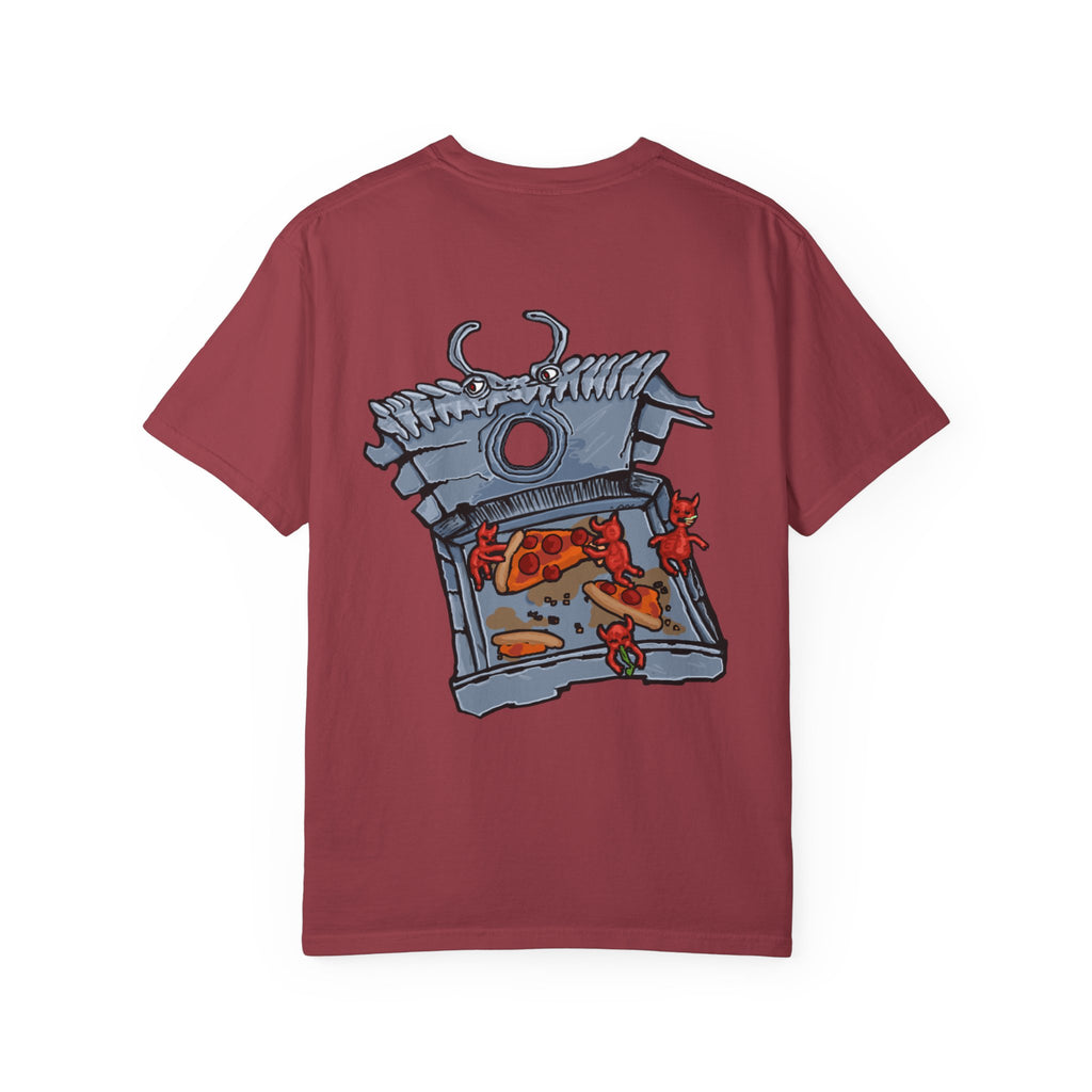 Freaky Features Fire Imp t-shirt, front shows a red bat-winged fire imp, back shows a monster-headed pizza box being raided by little red devils 
