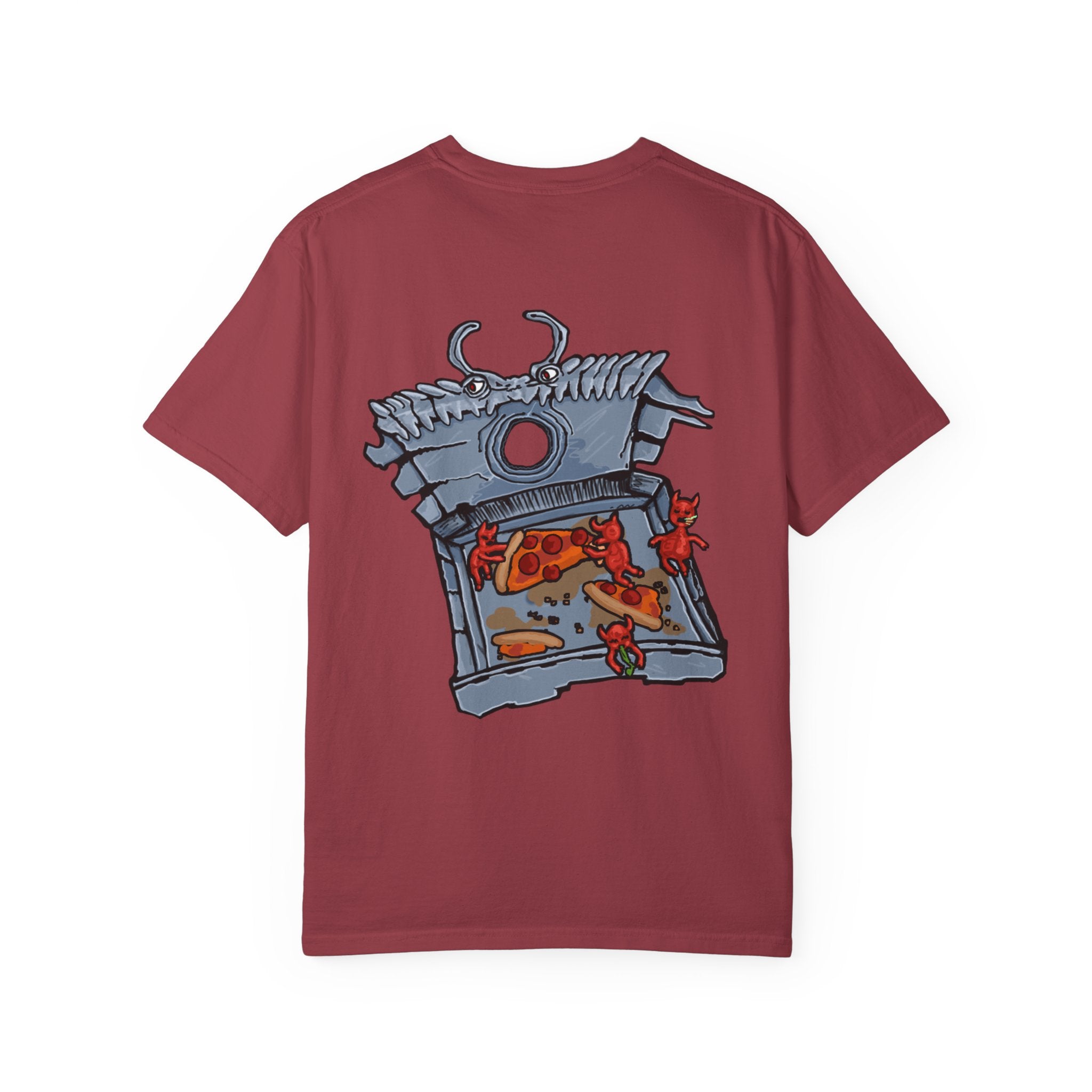 Freaky Features Fire Imp t-shirt, front shows a red bat-winged fire imp, back shows a monster-headed pizza box being raided by little red devils 
