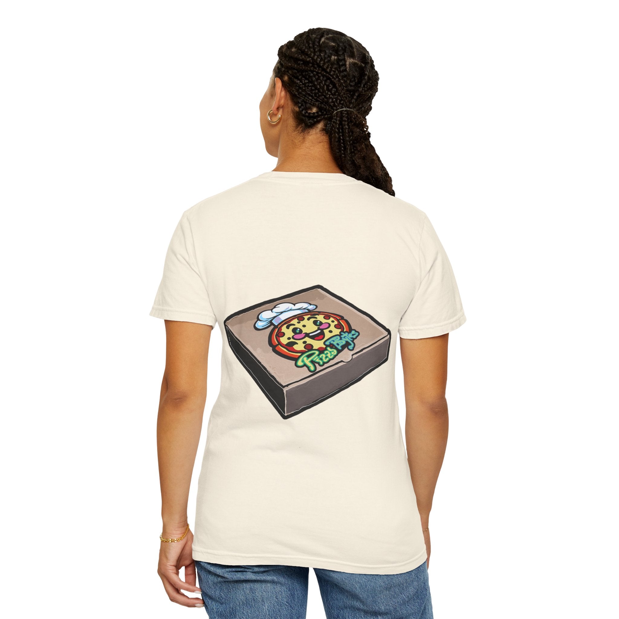 Hand-drawn rainbow donut pizza box t-shirt showing open pizza box with a colorful sprinkle donut from PizzaBytes collection

