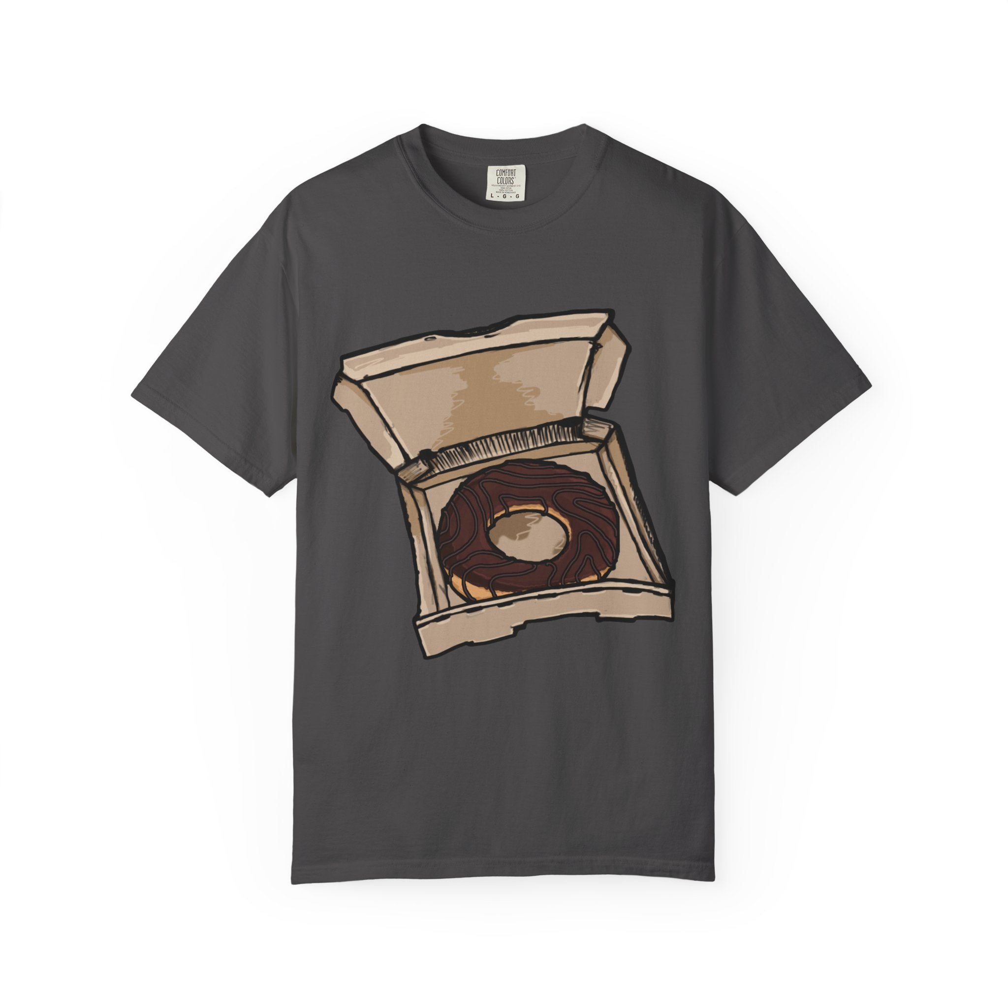 Hand-drawn donut pizza box t-shirt showing open pizza box with chocolate glazed donut from PizzaBytes collection

