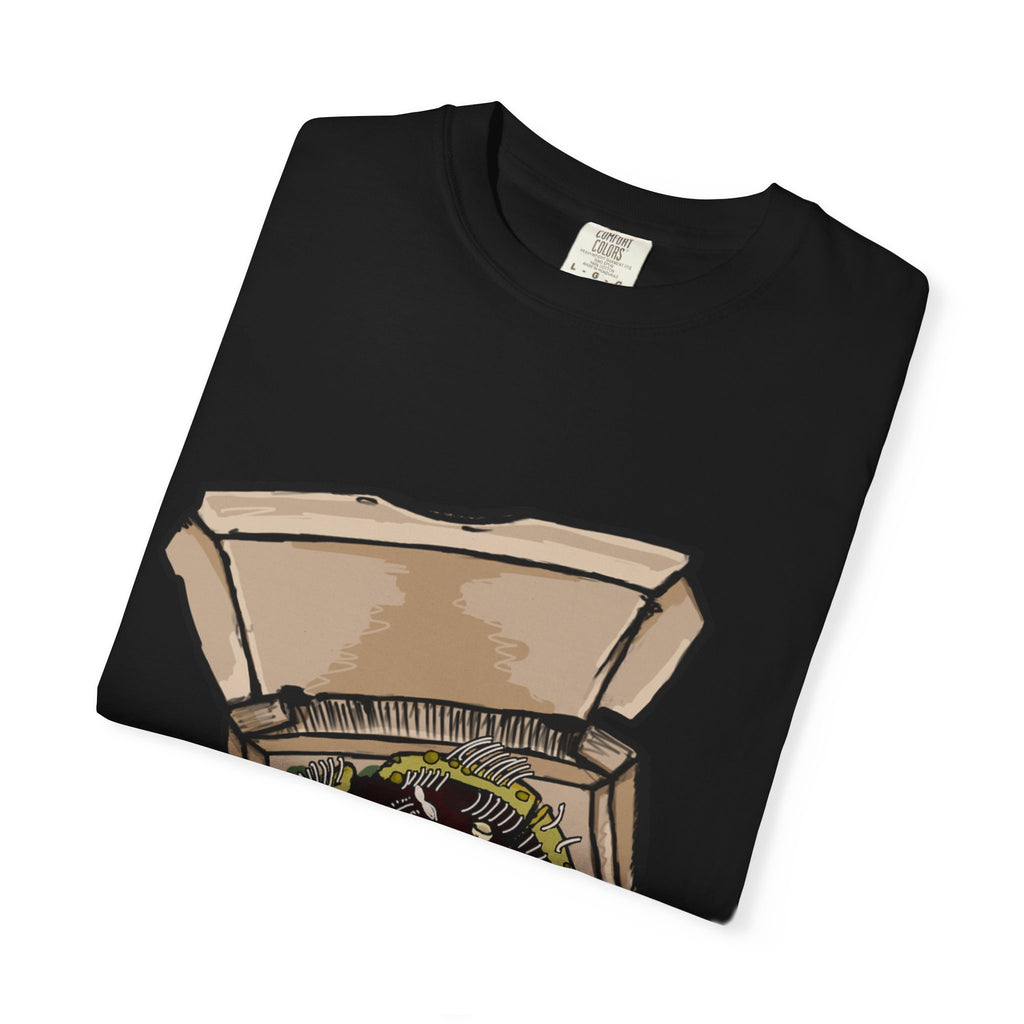 Hand-drawn sewer pizza box t-shirt showing open pizza box with skeletons, bones and green sludge pizza from PizzaBytes collection


