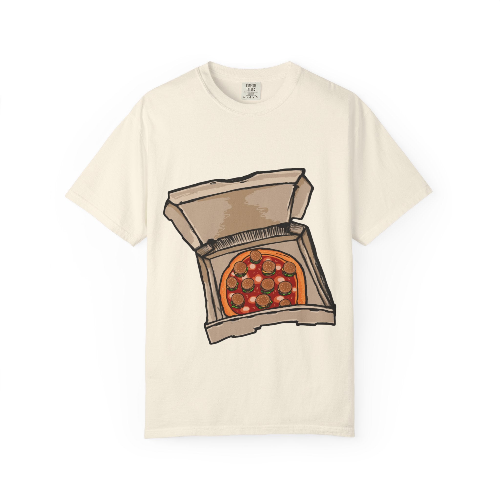 Hand-drawn burger pizza box t-shirt showing open pizza box with pepperoni pizza topped with mini cheeseburgers on Comfort tee from PizzaBytes collection

