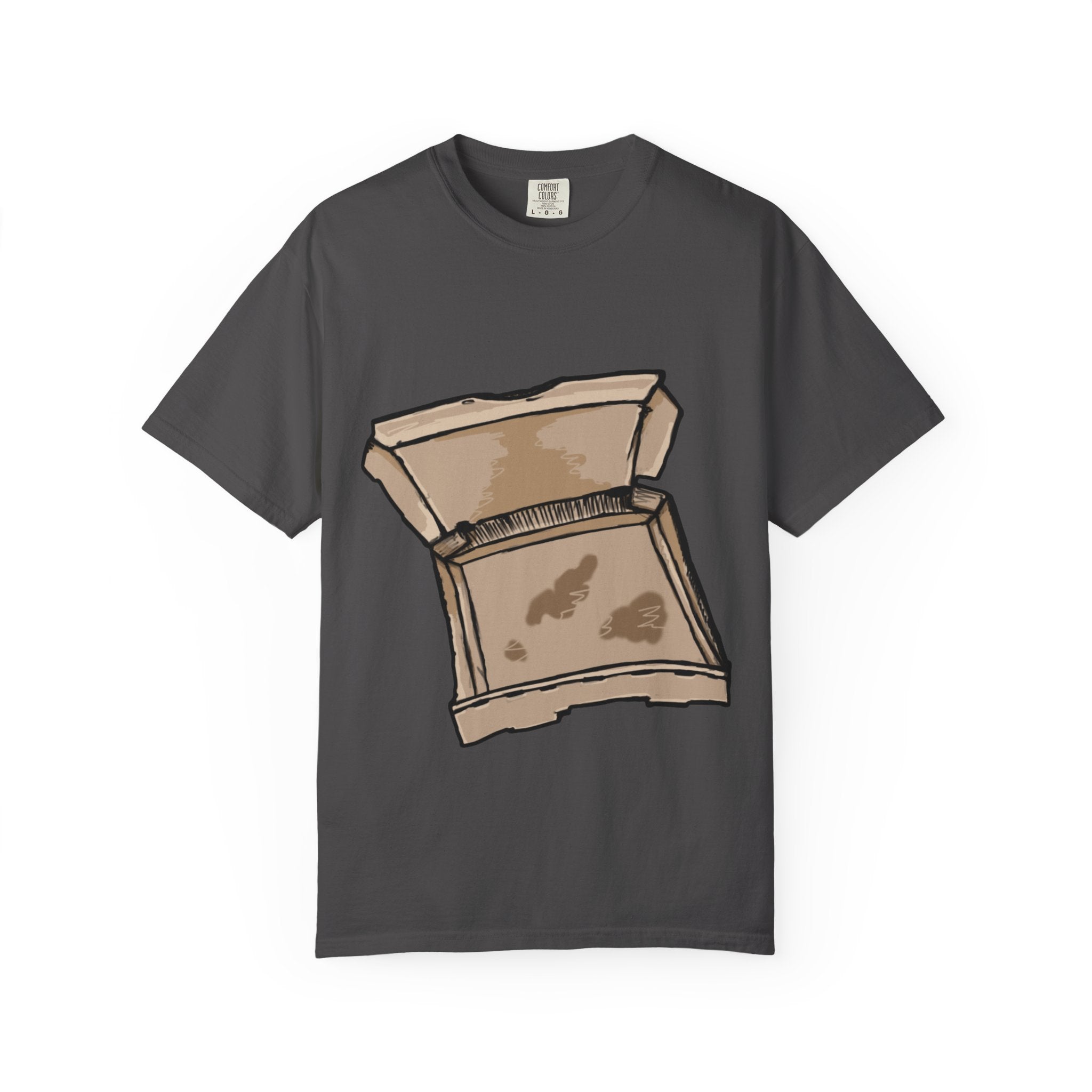 Hand-drawn empty pizza box t-shirt showing open box with grease stains on Comfort tee from PizzaBytes collection
