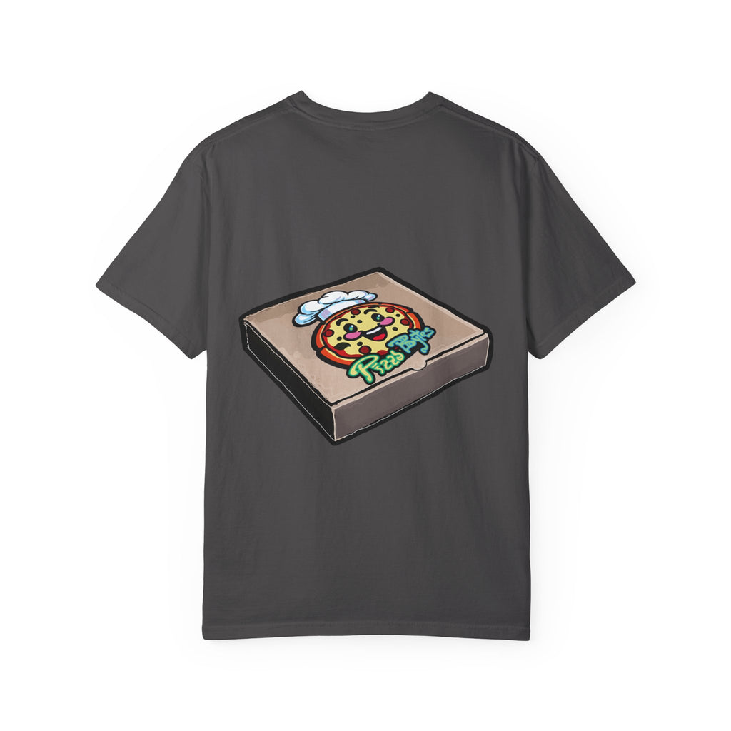 Hand-drawn rainbow donut pizza box t-shirt showing open pizza box with a colorful sprinkle donut from PizzaBytes collection

