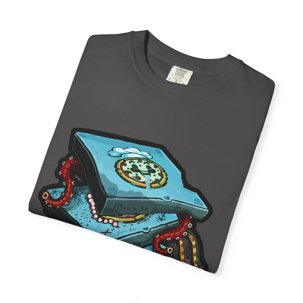 Hand-drawn pizza treasure chest t-shirt with stacked pizza boxes, gold coins, pearls, red octopus tentacles and pirate chest on Comfort Colors tee from PizzaBytes collection