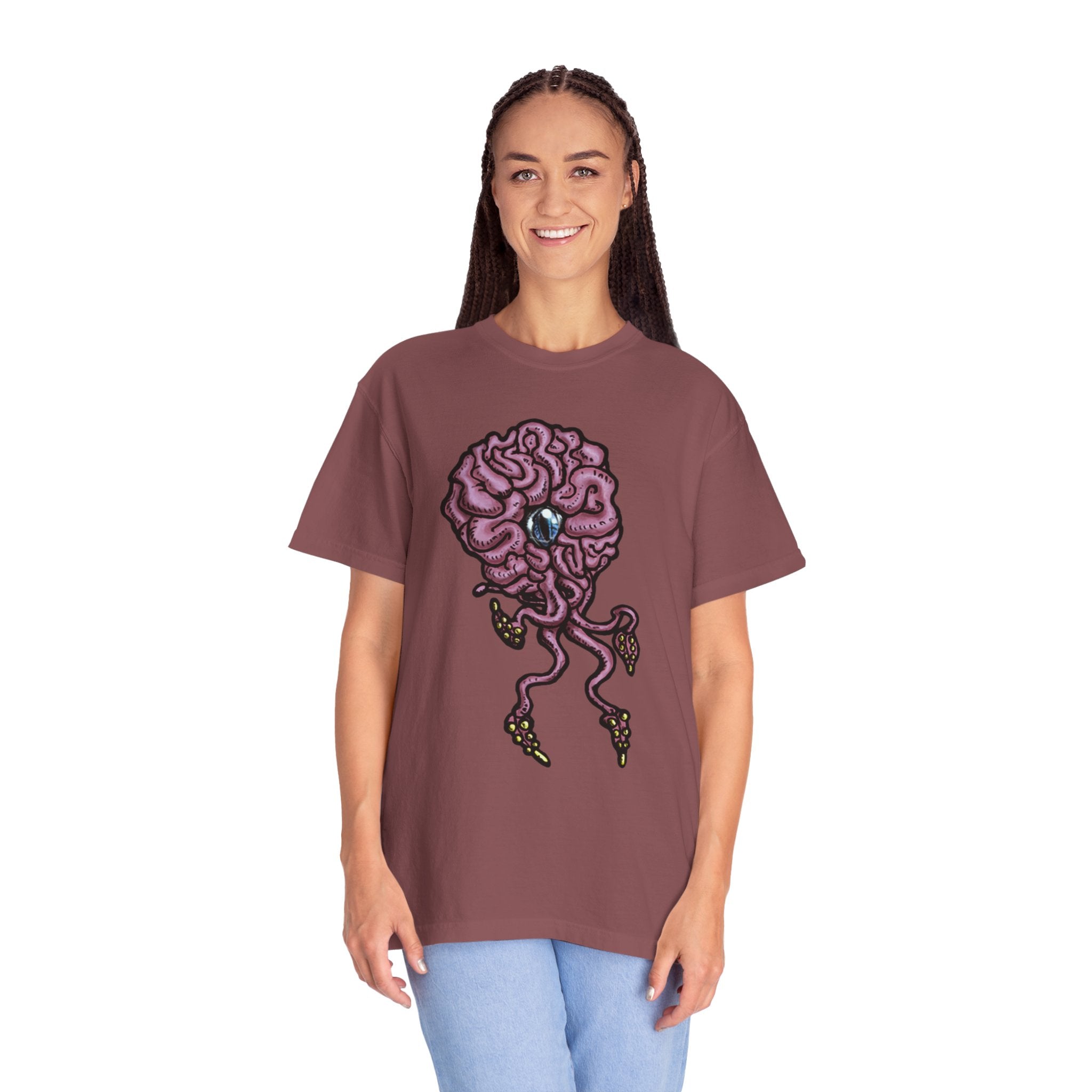 Freaky Features Brian t-shirt, front shows purple brain monster with tentacles, back shows open purple pizza box with a donut inside