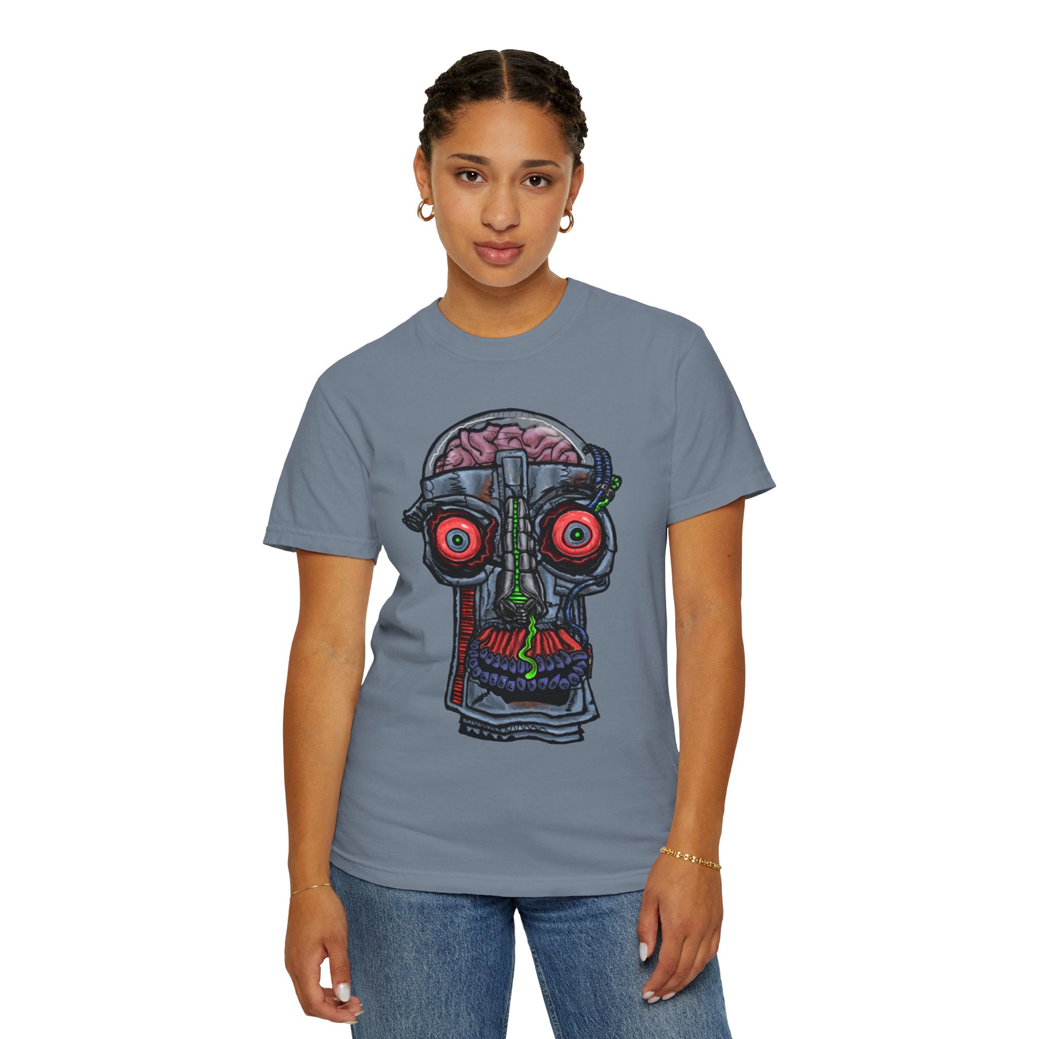 Freaky Features Robo Bobo t-shirt, front shows cybernetic robot skull with exposed brain and glowing eyes, back shows open pizza box with 8-bit pixel pepperoni pizza

