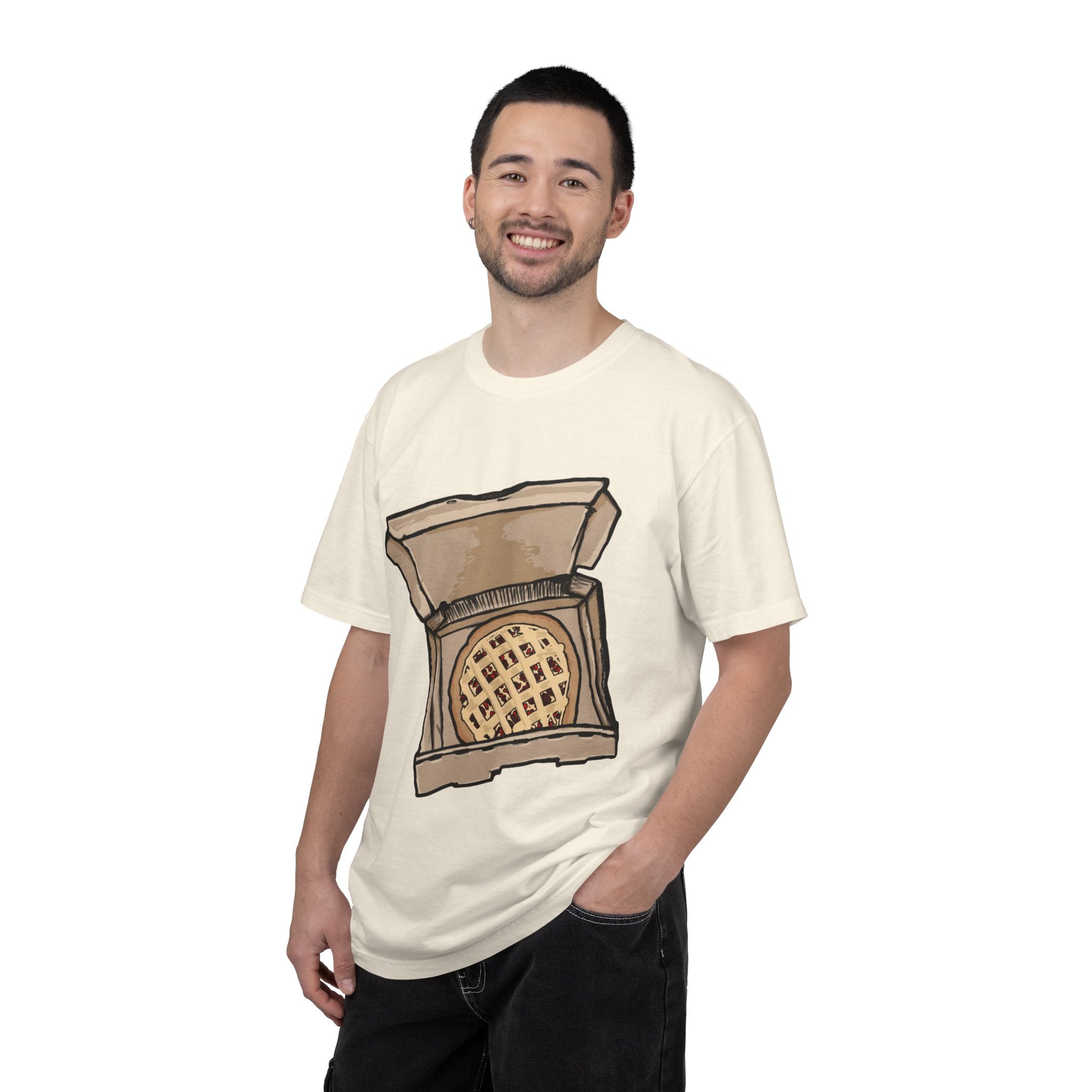 Hand-drawn cherry pie pizza box t-shirt showing open pizza box with lattice-top cherry pie from PizzaBytes collection

