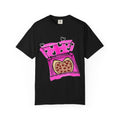 Hand-drawn heart pizza box t-shirt with pink pizza box, heart-shaped pepperoni pizza and floating black hearts on Comfort Color tee from PizzaBytes collection
