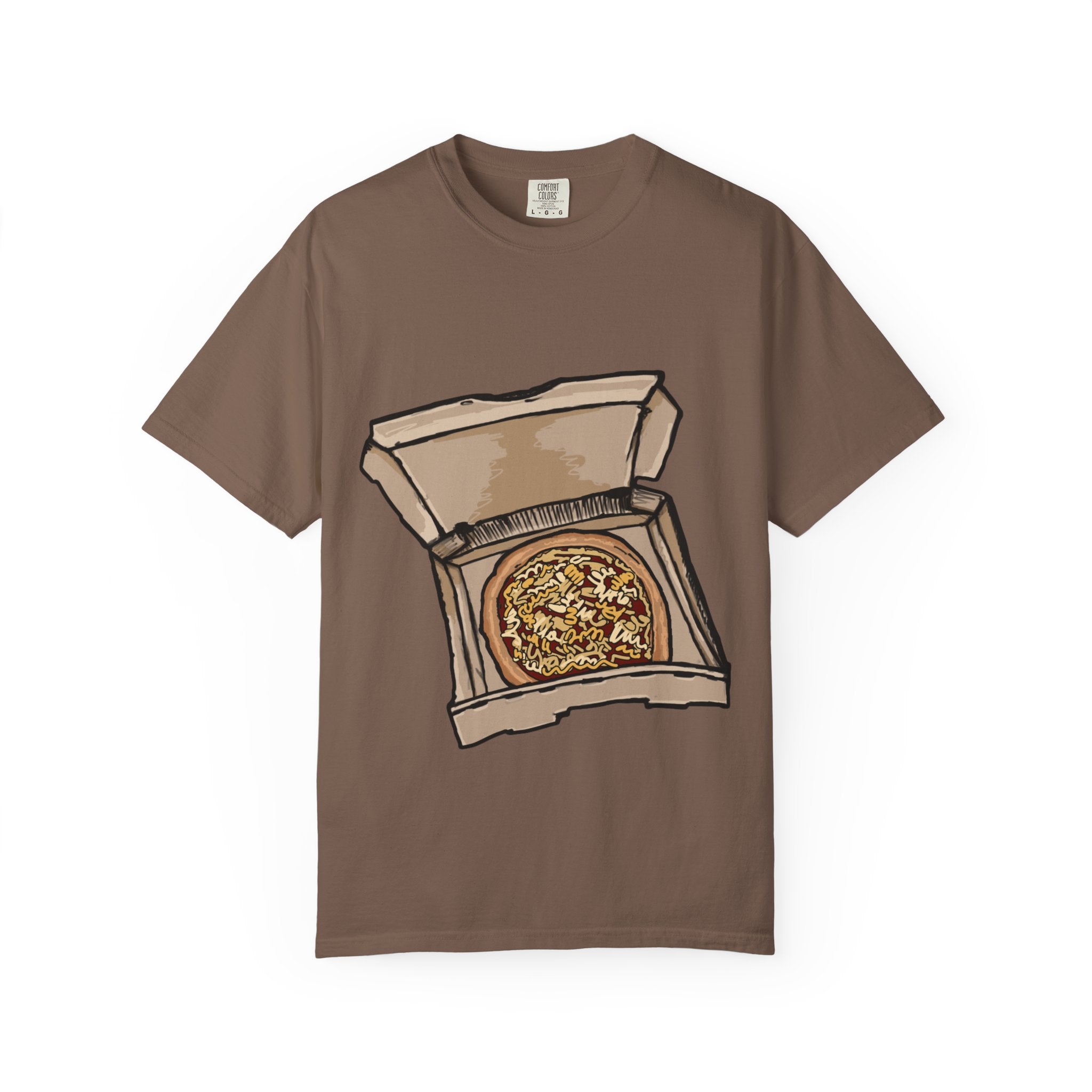 Hand-drawn noodle pizza box t-shirt showing open pizza box with pizza topped with crispy noodles from PizzaBytes collection

