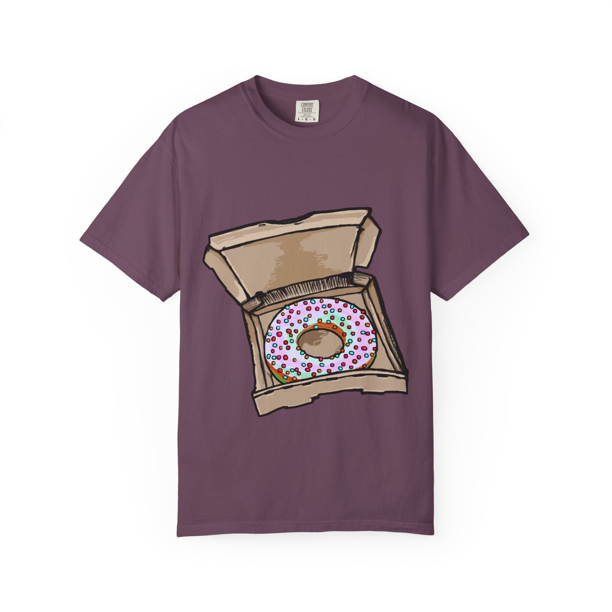 Hand-drawn rainbow donut pizza box t-shirt showing open pizza box with a colorful sprinkle donut from PizzaBytes collection

