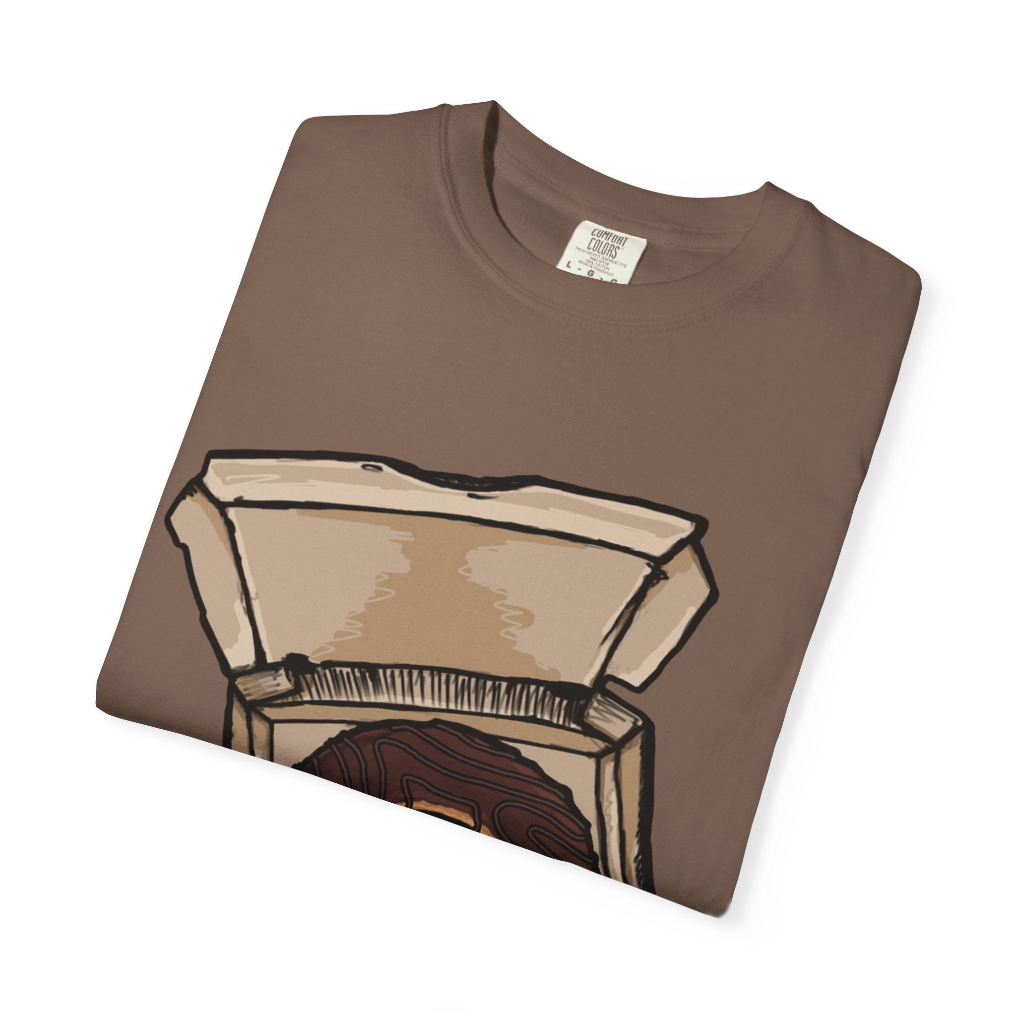 Hand-drawn donut pizza box t-shirt showing open pizza box with chocolate glazed donut from PizzaBytes collection


