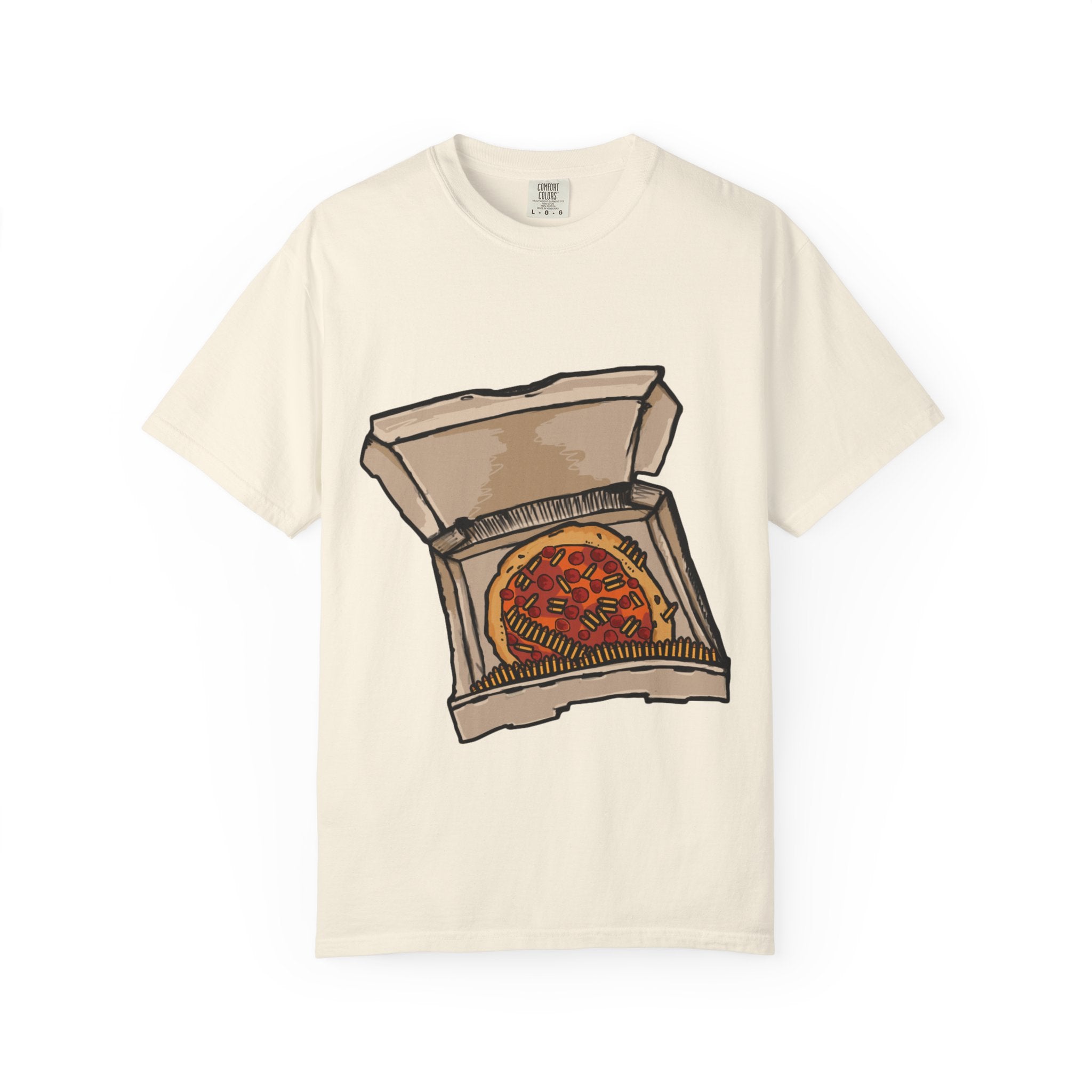 Hand-drawn pepperoni and bullets pizza box t-shirt showing open pizza box with pepperoni pizza surrounded by bullets from PizzaBytes collection

